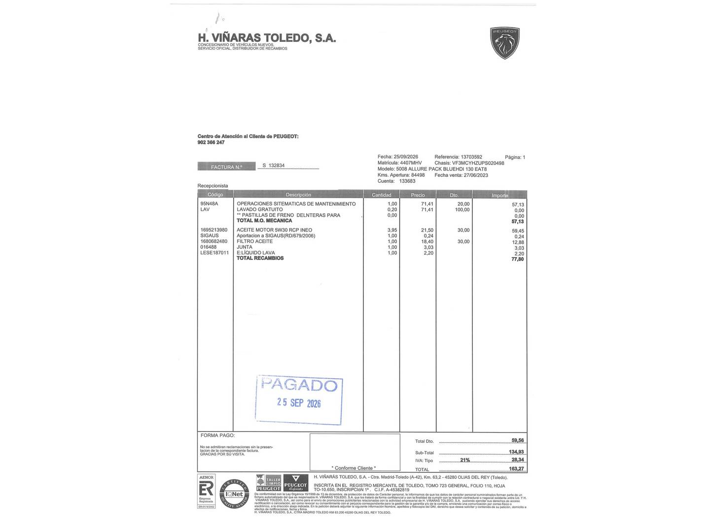 Foto del mantenimiento del Peugeot 5008 Peugeot 5008 BlueHDI 130 S&S Allure Pack EAT8 (130 CV) 7 Plazas