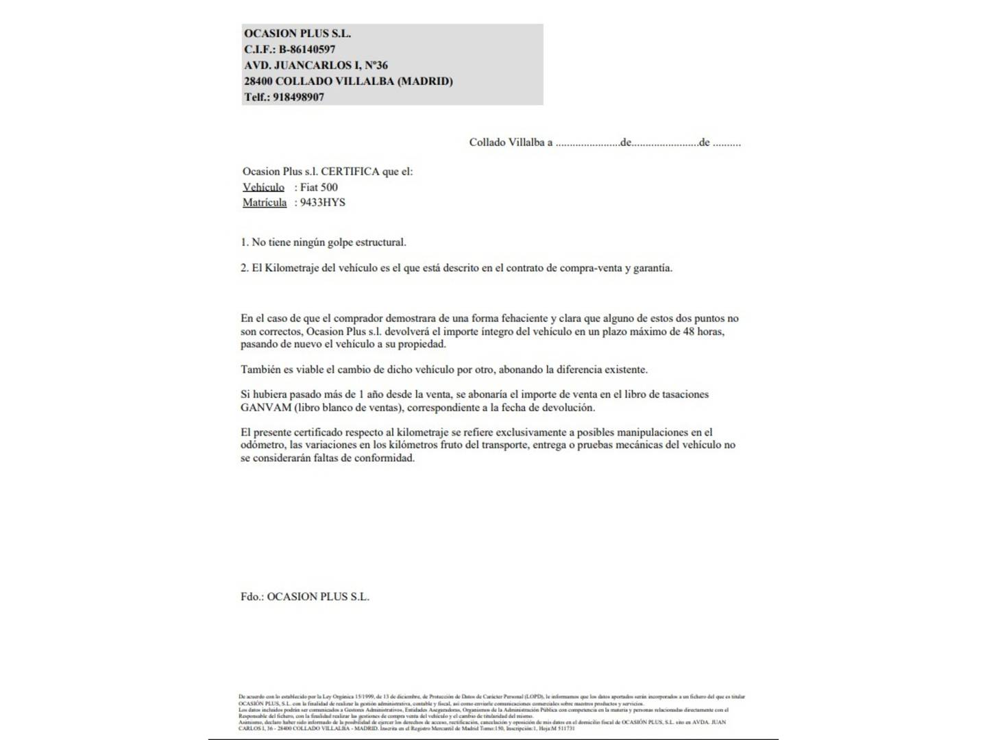 Foto del certificado del Fiat 500 Fiat 500 1.3 16v MultiJet S&S Lounge (95 CV)