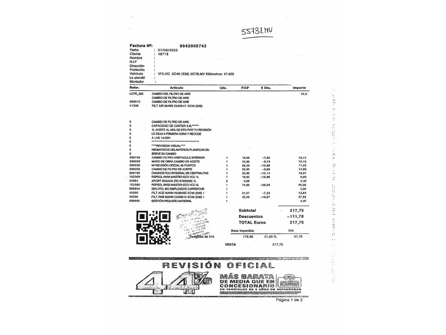 Foto del mantenimiento del Volvo XC40 Volvo XC40 T3 Momentum Pro Auto (163 CV)