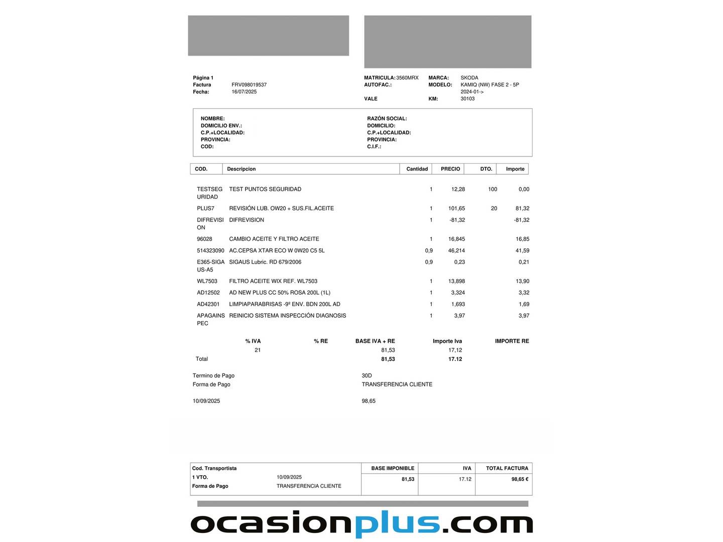 Foto del mantenimiento del Skoda Kamiq Skoda Kamiq 1.0 TSI Selection DSG (115 CV)