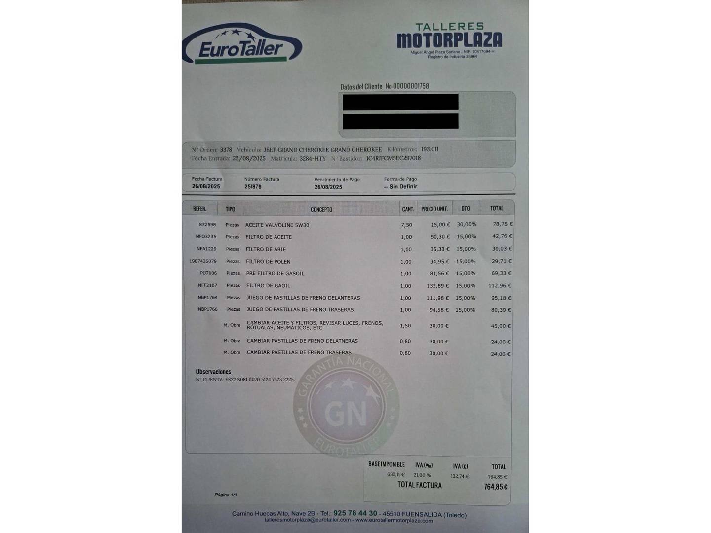 Foto del mantenimiento del Jeep Grand Cherokee Jeep Grand Cherokee 3.0 CRD Overland (250 CV)