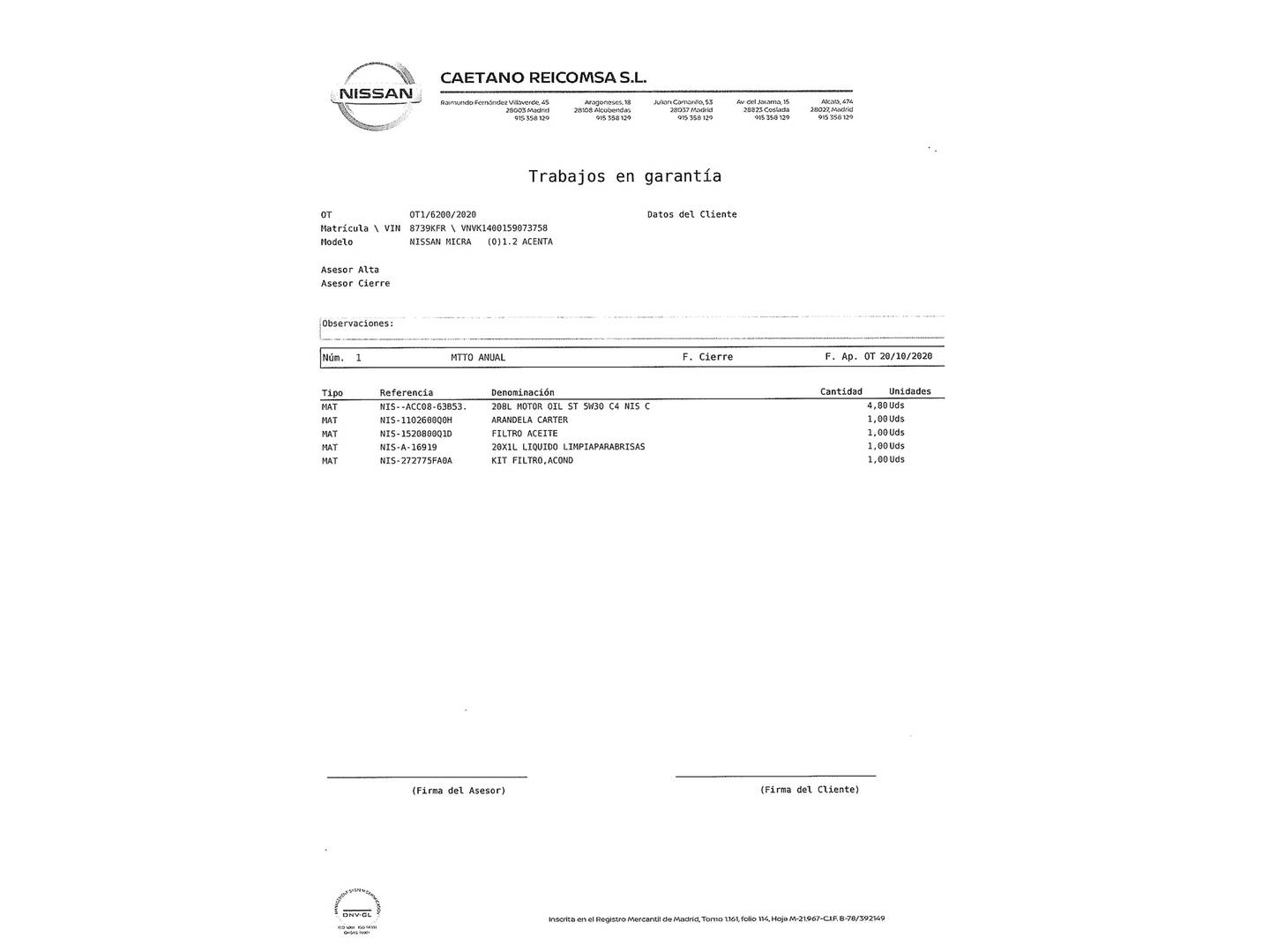Foto del mantenimiento del Nissan Micra Nissan Micra 1.5 dCi N-CONNECTA 66 kW (90 CV)