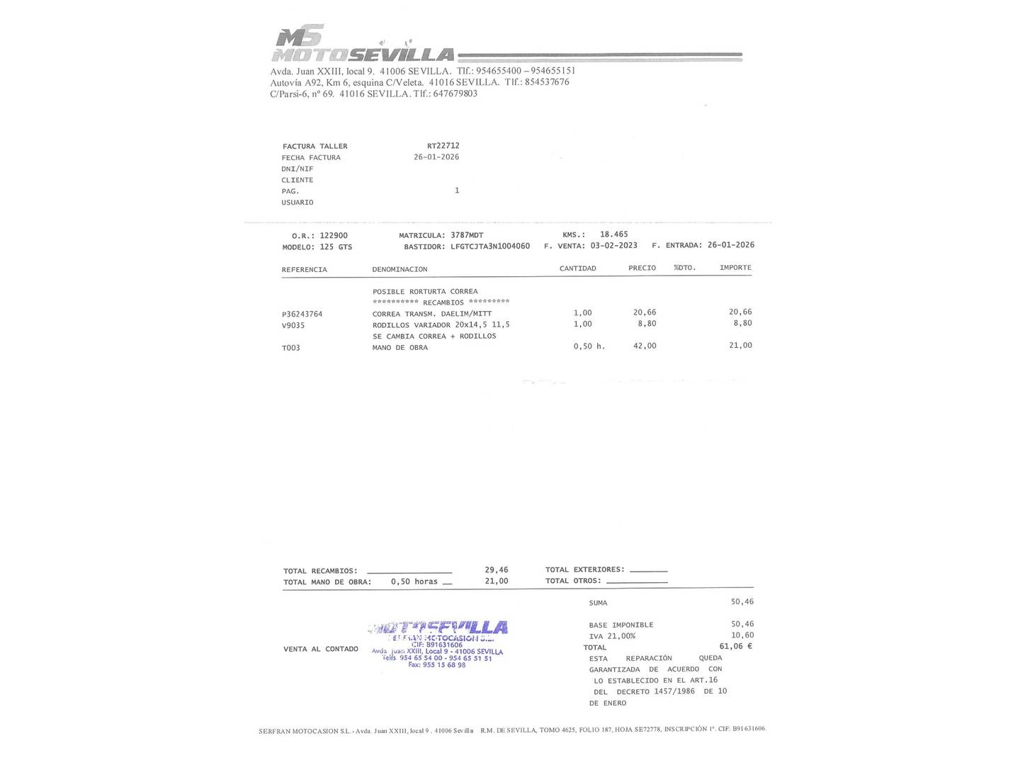 Foto del certificado del MITT 125GTS MITT 125GTS (10 CV)