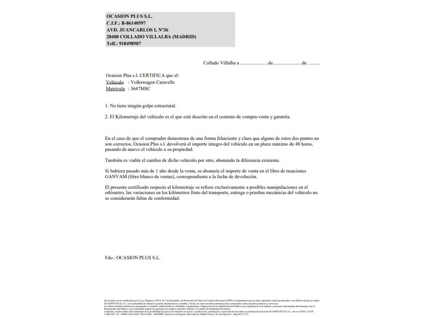 Foto del certificado del Volkswagen Caravelle Volkswagen Caravelle Origin Batalla Corta 2.0 TDI BMT  (150 CV) DSG 8 Plazas