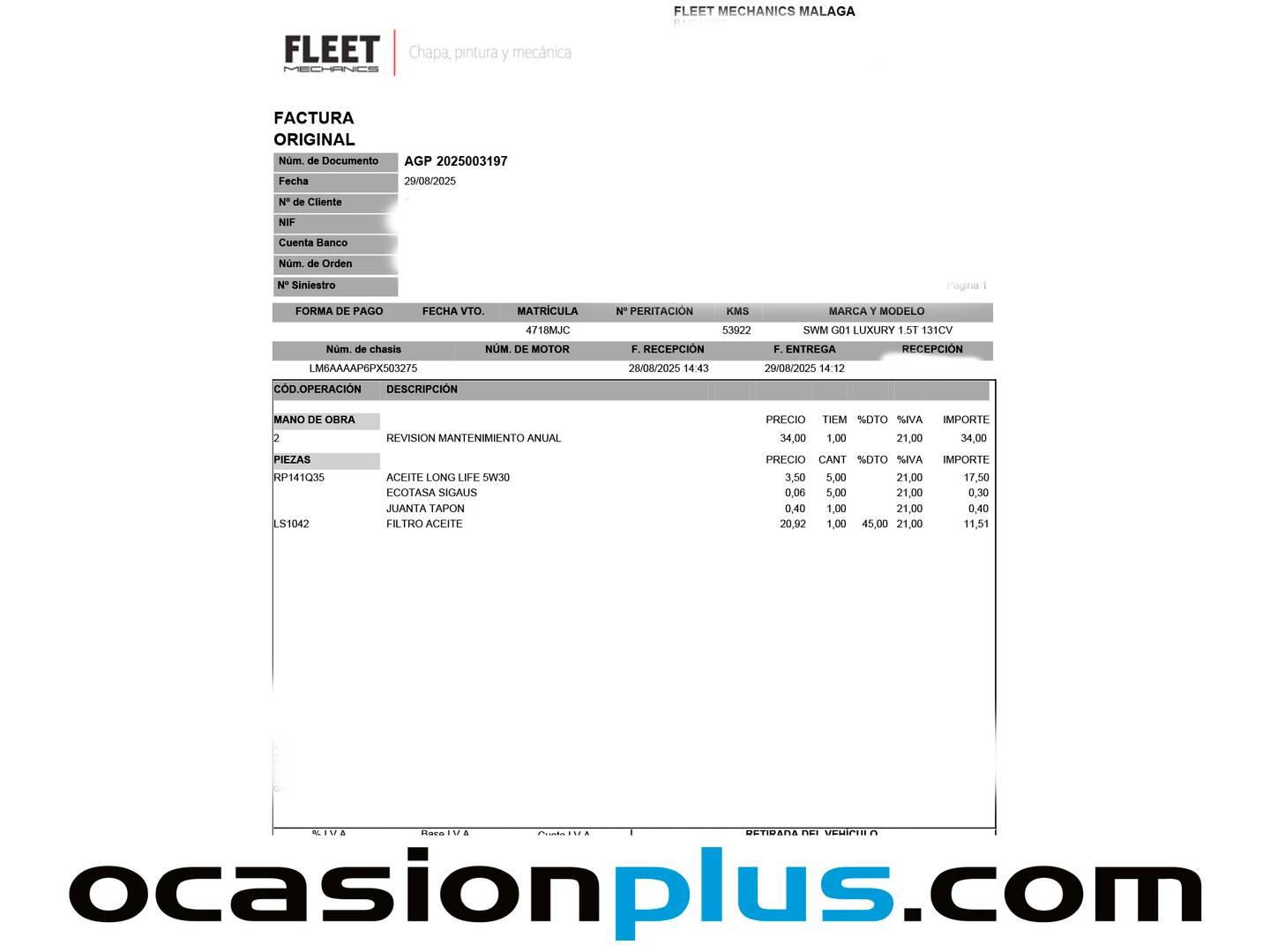 Foto del mantenimiento del SWM G01 SWM G01 1.5T Luxury (131 CV)