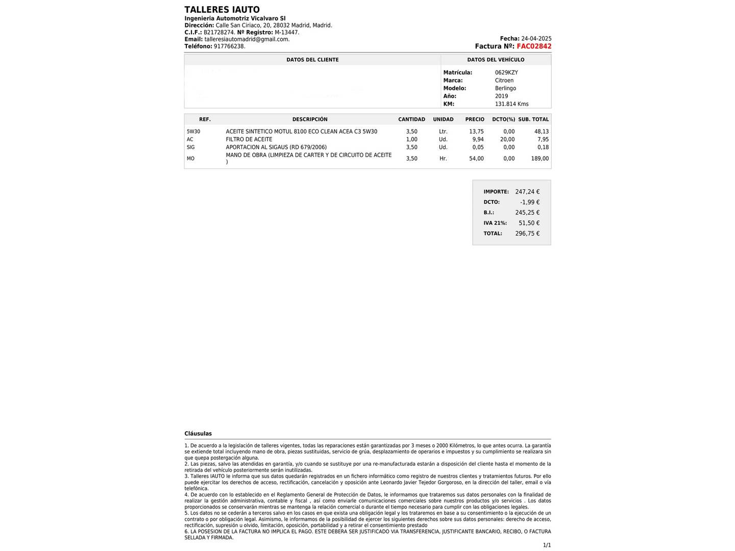 Foto del mantenimiento del Citroën Berlingo Citroen Berlingo Combi PureTech 110 Talla M Shine (110 CV)