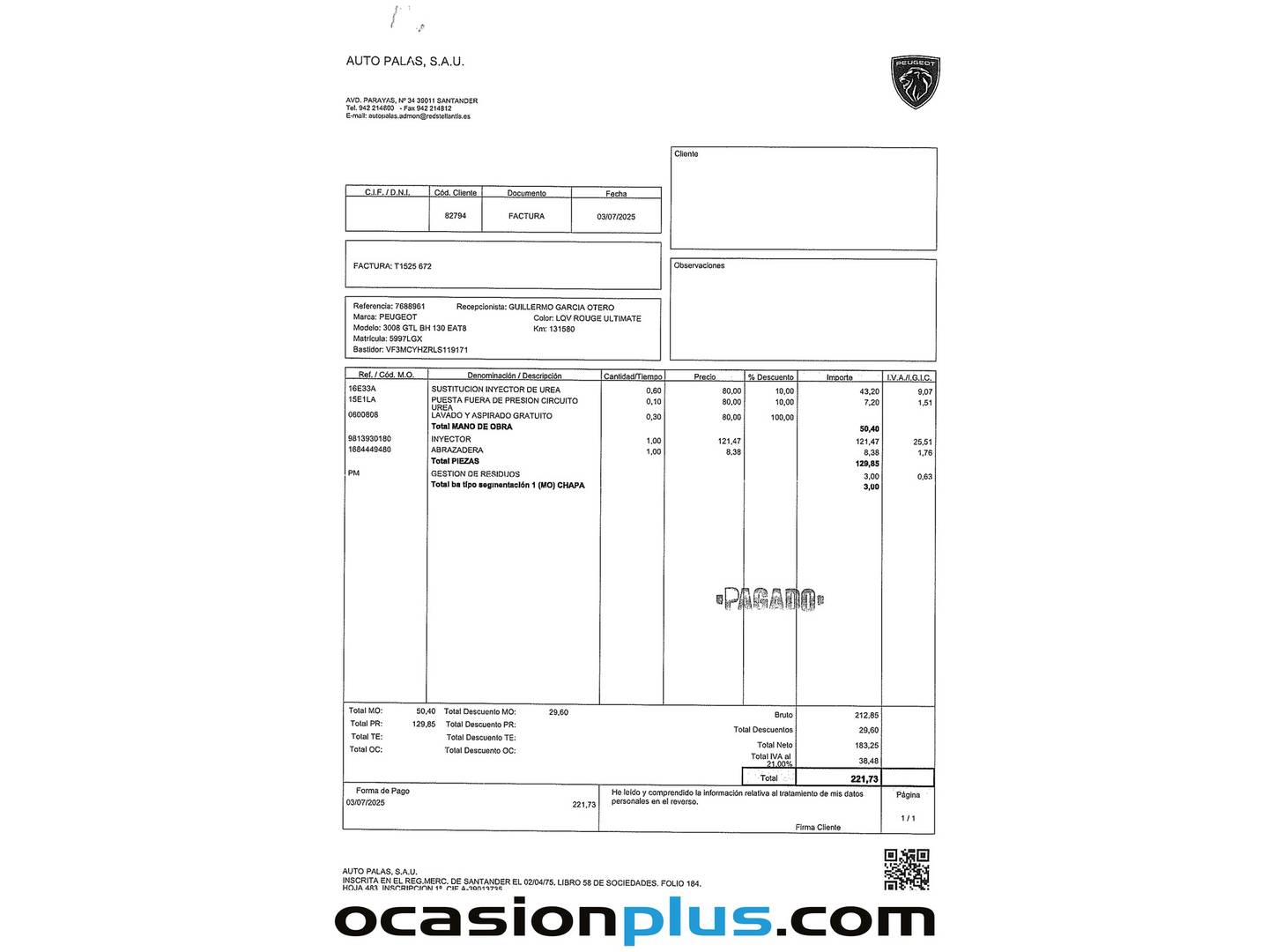 Foto del mantenimiento del Peugeot 3008 Peugeot 3008 BlueHDI 130 S&S GT Line EAT8 (130 CV)