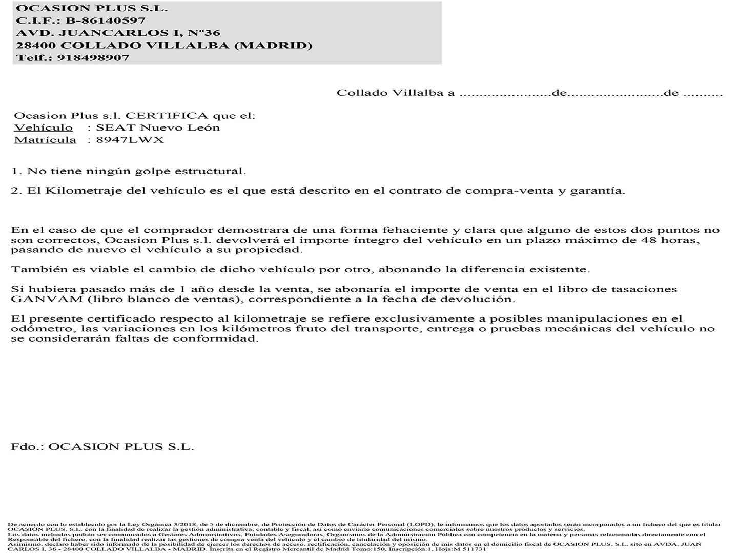 Foto del certificado del Seat León Seat León 1.5 eTSI S&S FR Go L DSG (150 CV)