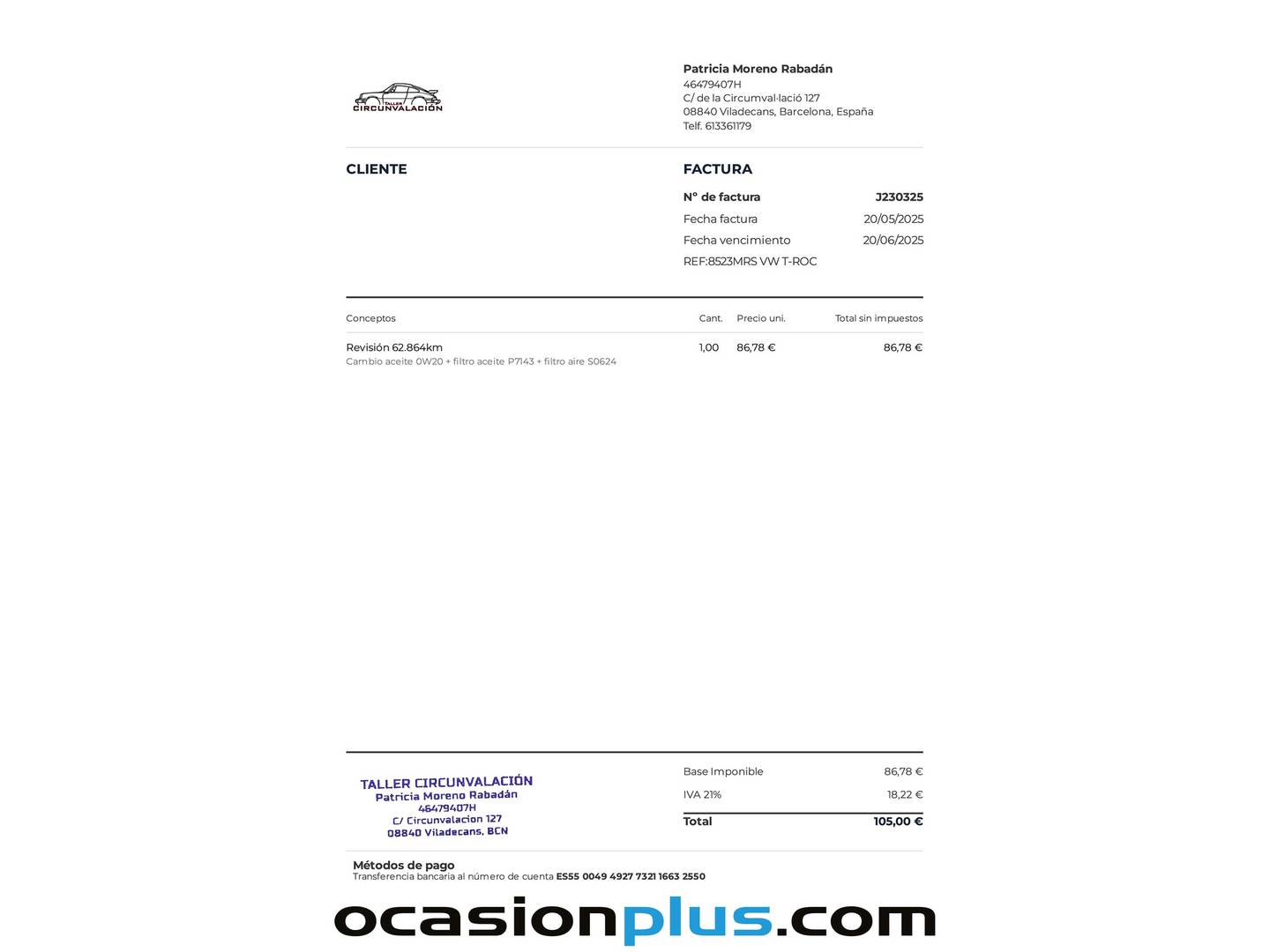 Foto del mantenimiento del Volkswagen T-Roc Volkswagen T-Roc Life 1.0 TSI (115 CV)