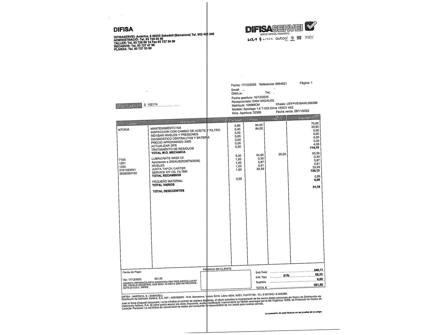 Foto del mantenimiento del KIA Sportage KIA Sportage 1.6 T-GDi Drive 4x2 (150 CV)