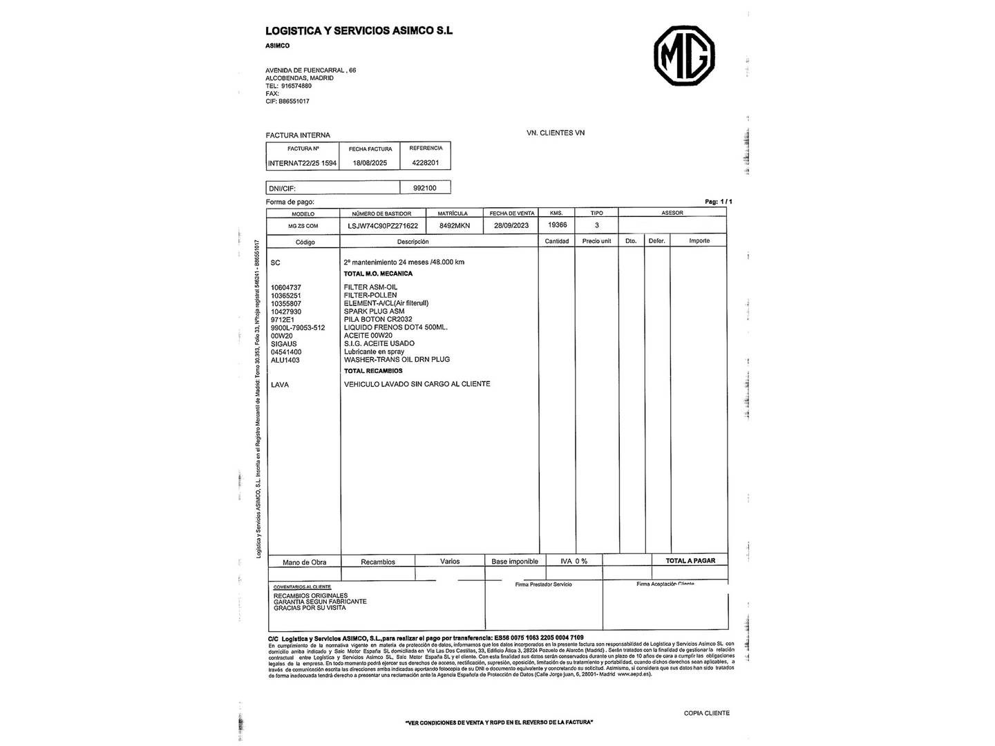 Foto del mantenimiento del MG ZS MG ZS 1.0T Luxury (111 CV)