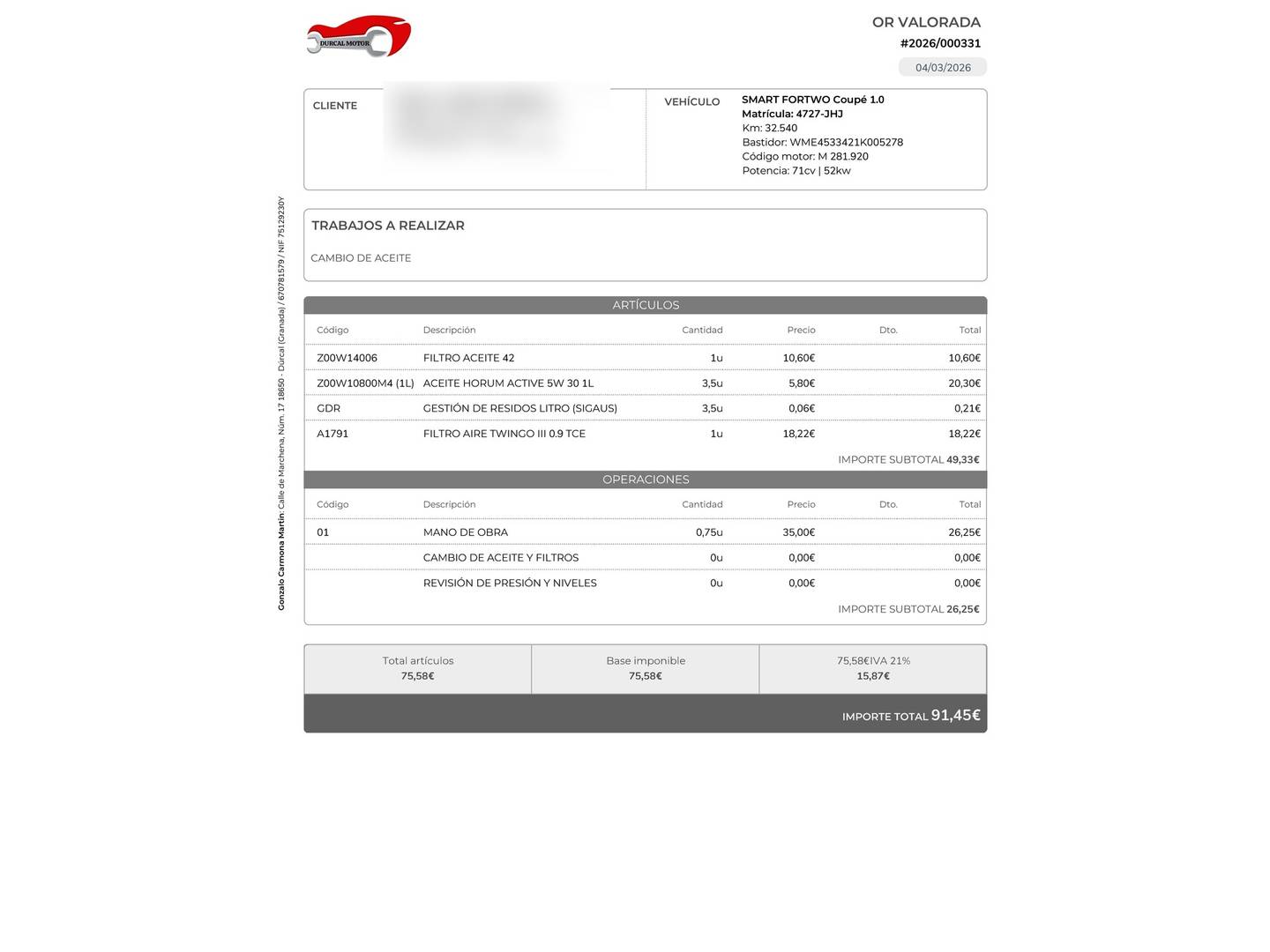 Foto del mantenimiento del Smart fortwo Smart ForTwo Coupe 52 Passion (71 CV)
