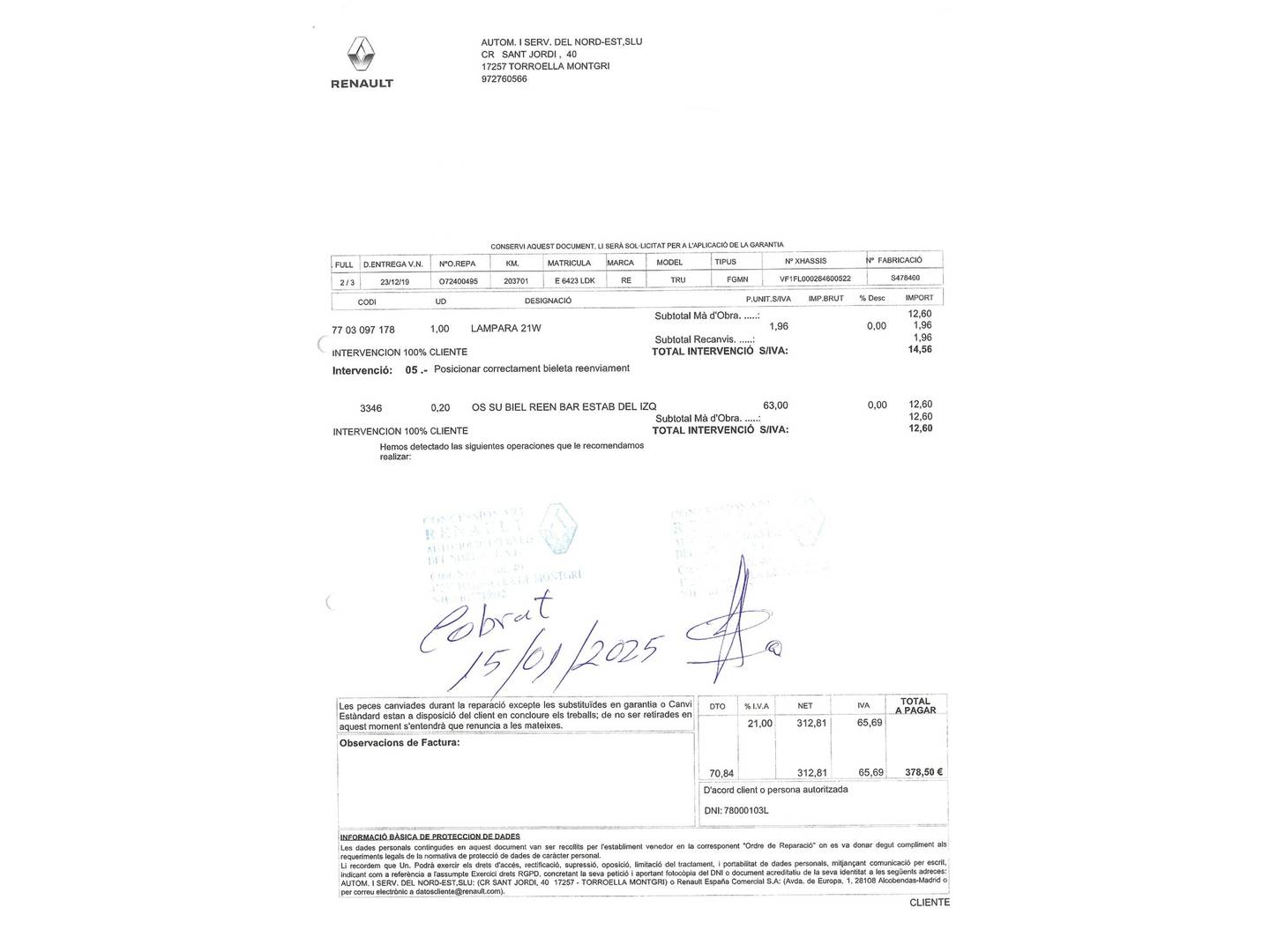 Foto del mantenimiento del Renault Trafic Renault Trafic Furgon Furgon 27 L1H1 Energy BluedCi (120 CV)