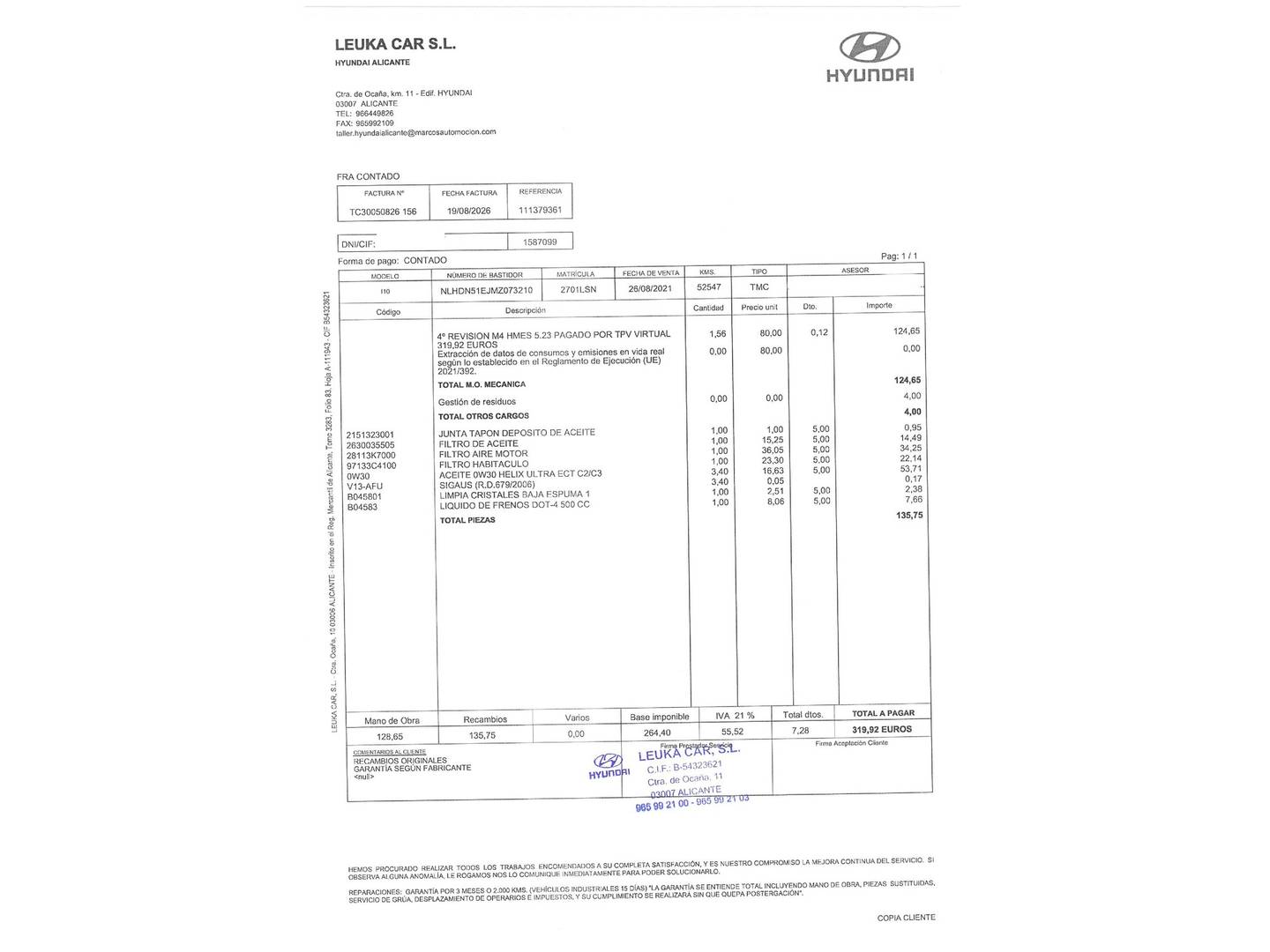 Foto del mantenimiento del Hyundai i10 Hyundai i10 1.2 Tecno AT (84 CV)