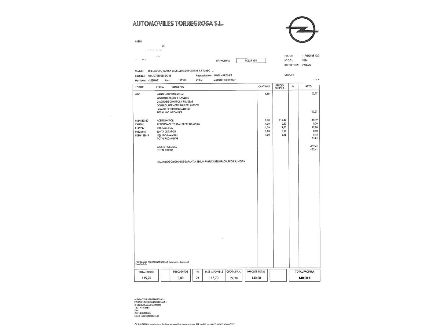 Foto del mantenimiento del Opel Mokka Opel Mokka 1.4 Turbo S&S Excellence 4x2 (140 CV)
