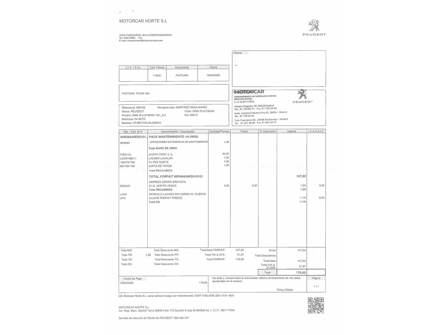 Foto del mantenimiento del Peugeot 5008 Peugeot 5008 BlueHDi 130 S&S Allure (130 CV) 7 Plazas