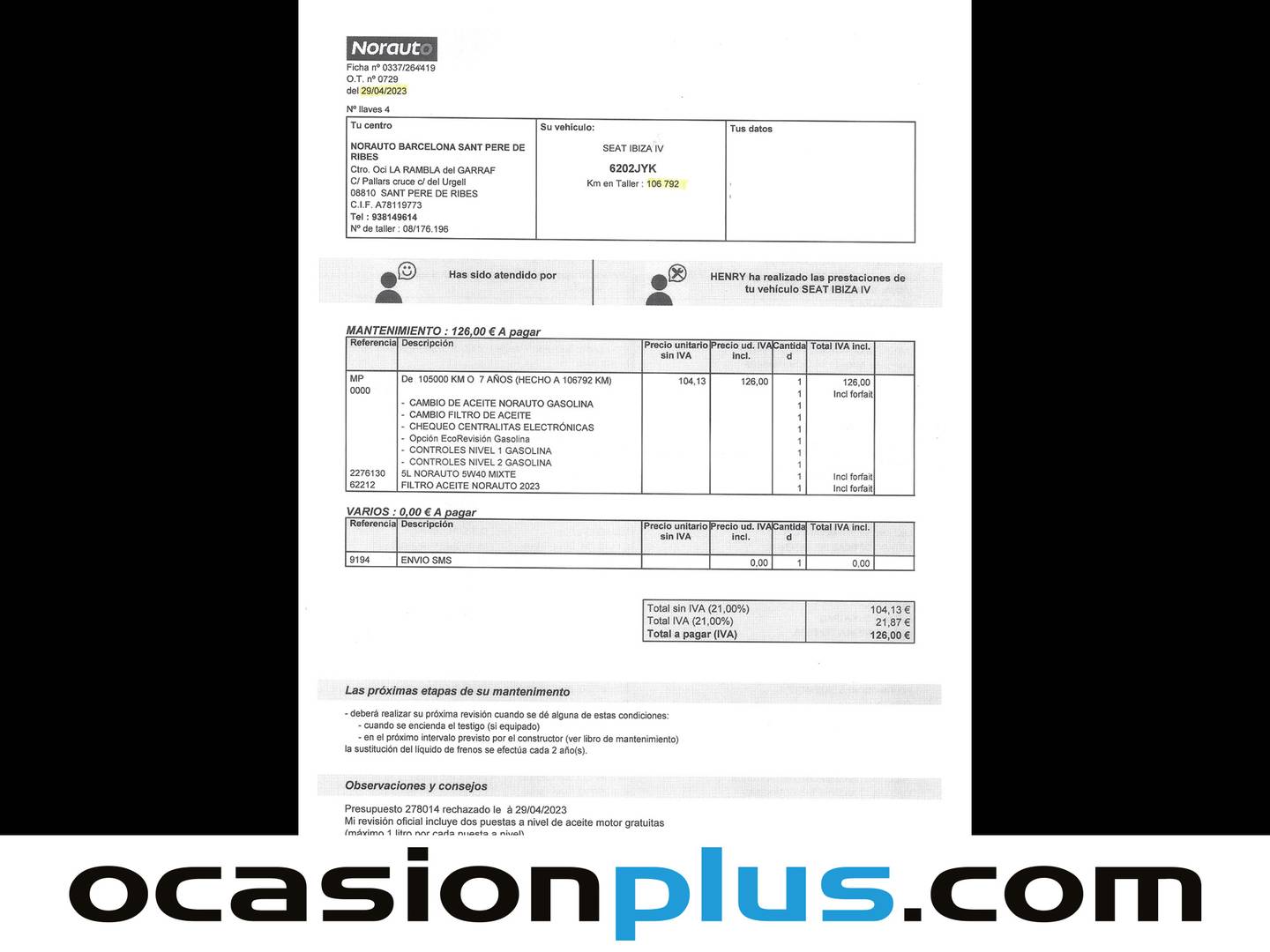 Foto del mantenimiento del Seat Ibiza Seat Ibiza 1.2 TSI Style (90 CV)