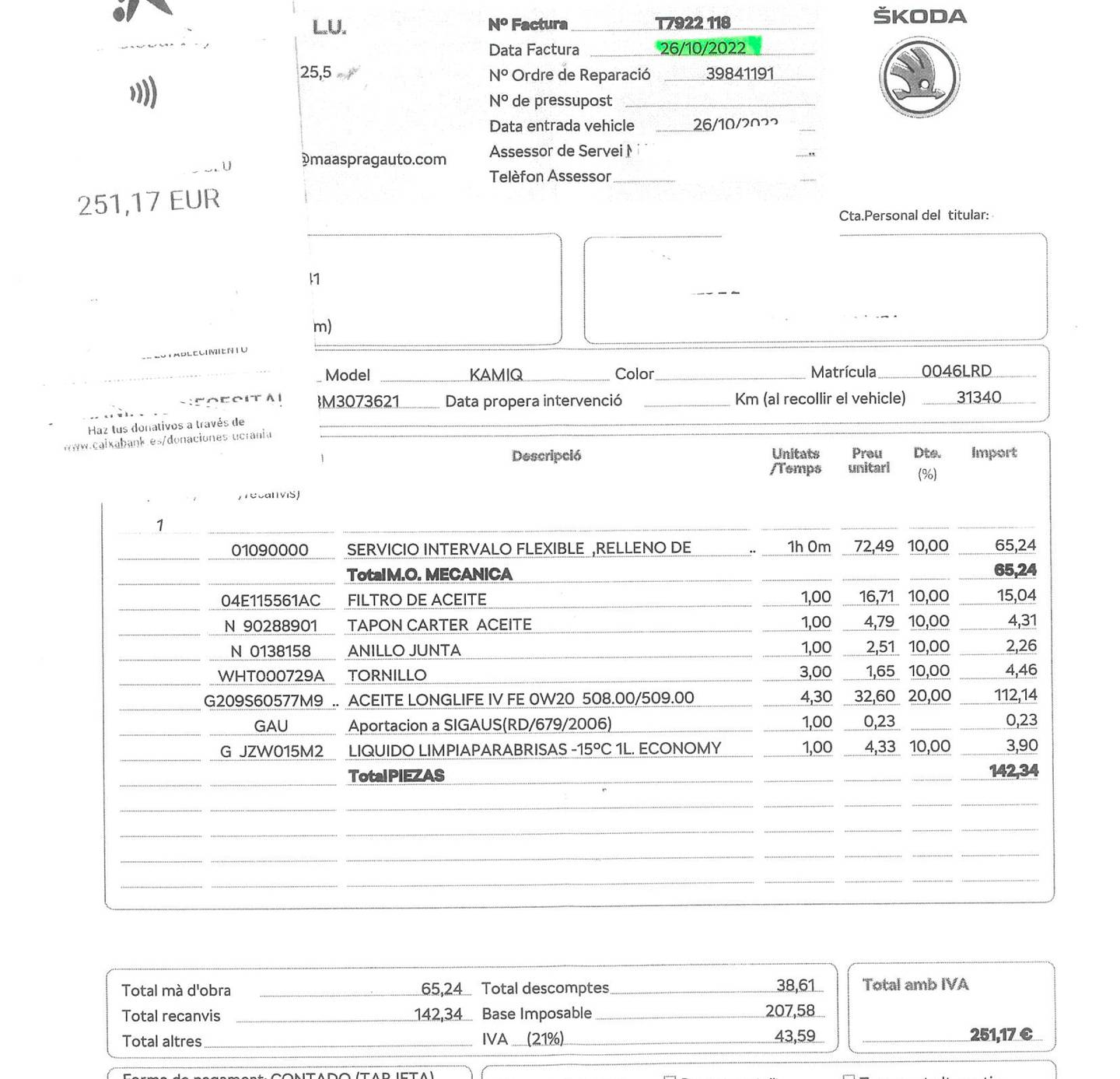Foto del mantenimiento del Skoda Kamiq Skoda Kamiq 1.5 TSI Sport DSG (150 CV)
