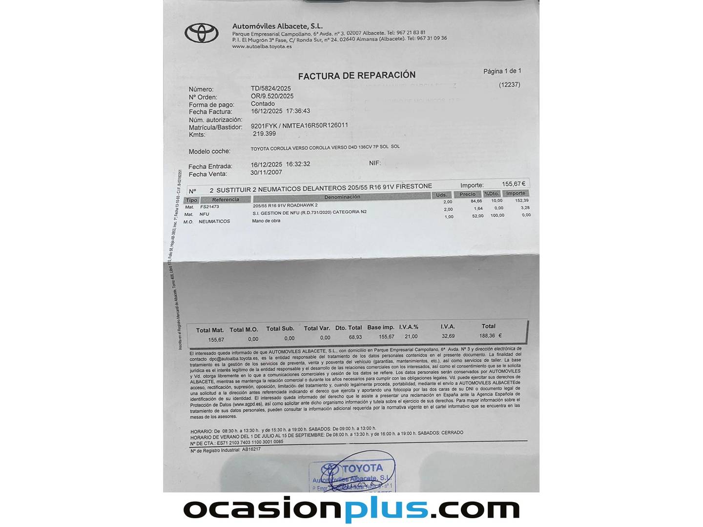 Foto del mantenimiento del Toyota Corolla Verso Toyota Corolla Verso 2.2 D-4D Sol (136 CV) 7 Plazas