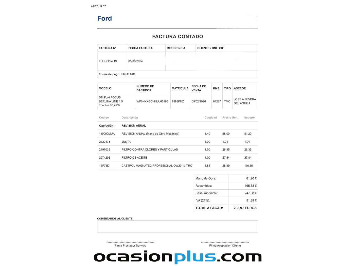 Foto del mantenimiento del Ford Focus Ford Focus 1.5 Ecoblue ST-Line Auto (120 CV)