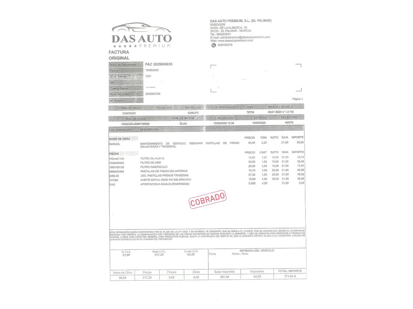 Foto del mantenimiento del Seat Ibiza Seat Ibiza 1.0 TSI Xcellence Go2 DSG (110 CV)
