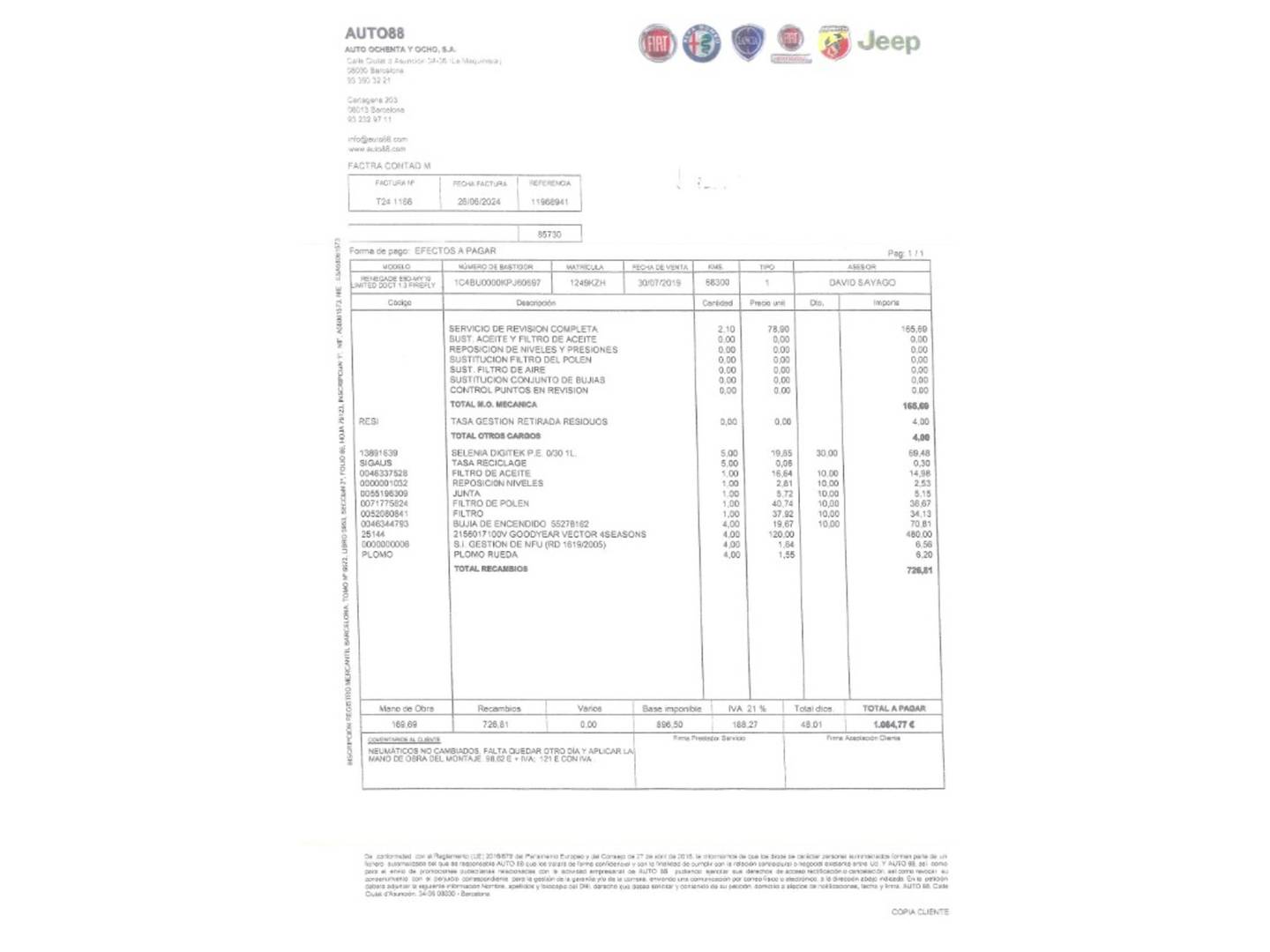 Foto del mantenimiento del Jeep Renegade Jeep Renegade 1.3G Limited 4x2 DDCT (150 CV)