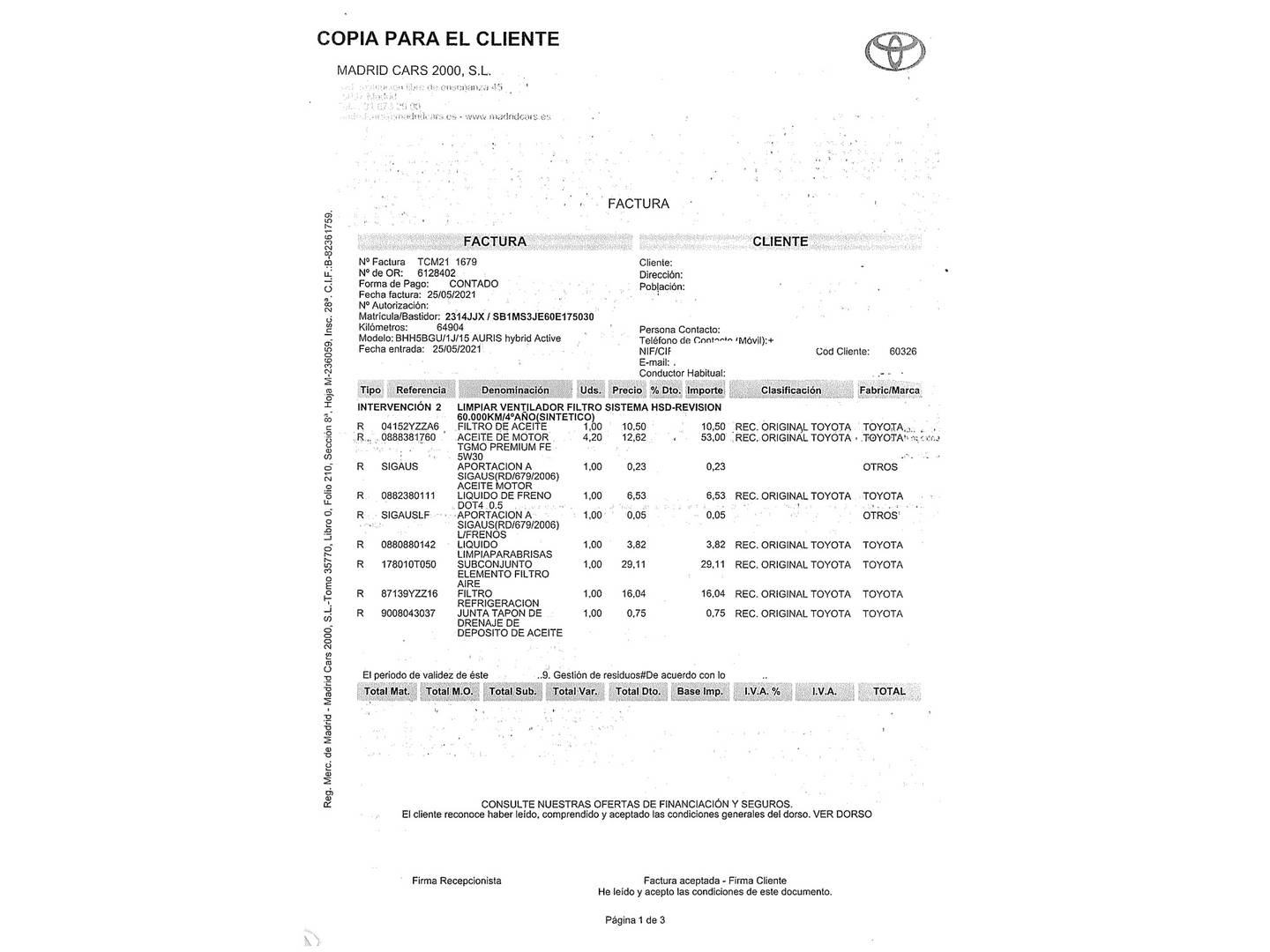 Foto del mantenimiento del Toyota Auris Toyota Auris Hybrid Active(136 CV)