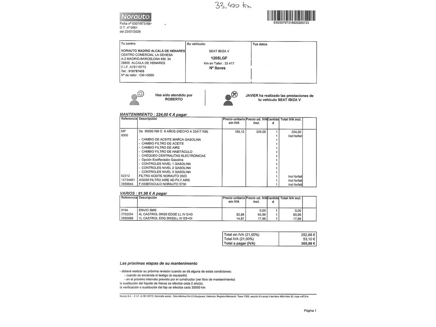 Foto del mantenimiento del Seat Ibiza Seat Ibiza 1.0 TSI Style Plus (95 CV)