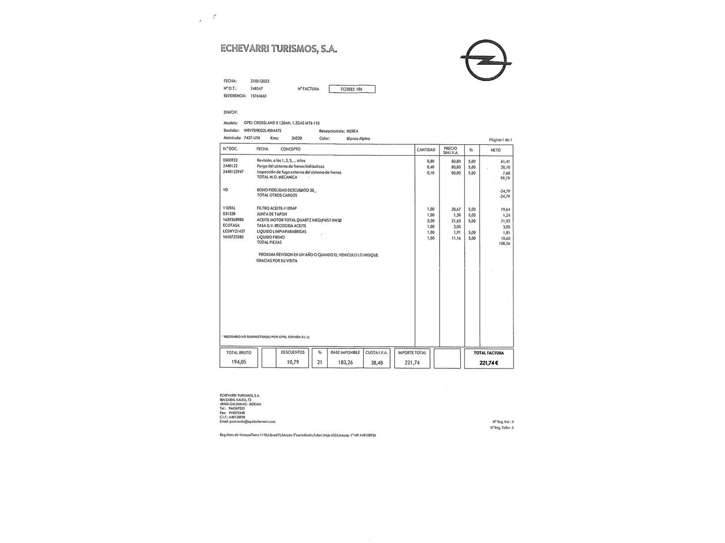 Foto del mantenimiento del Opel Crossland X Opel Crossland X 1.2 S&S Design Line 120 Aniversario (110 CV)