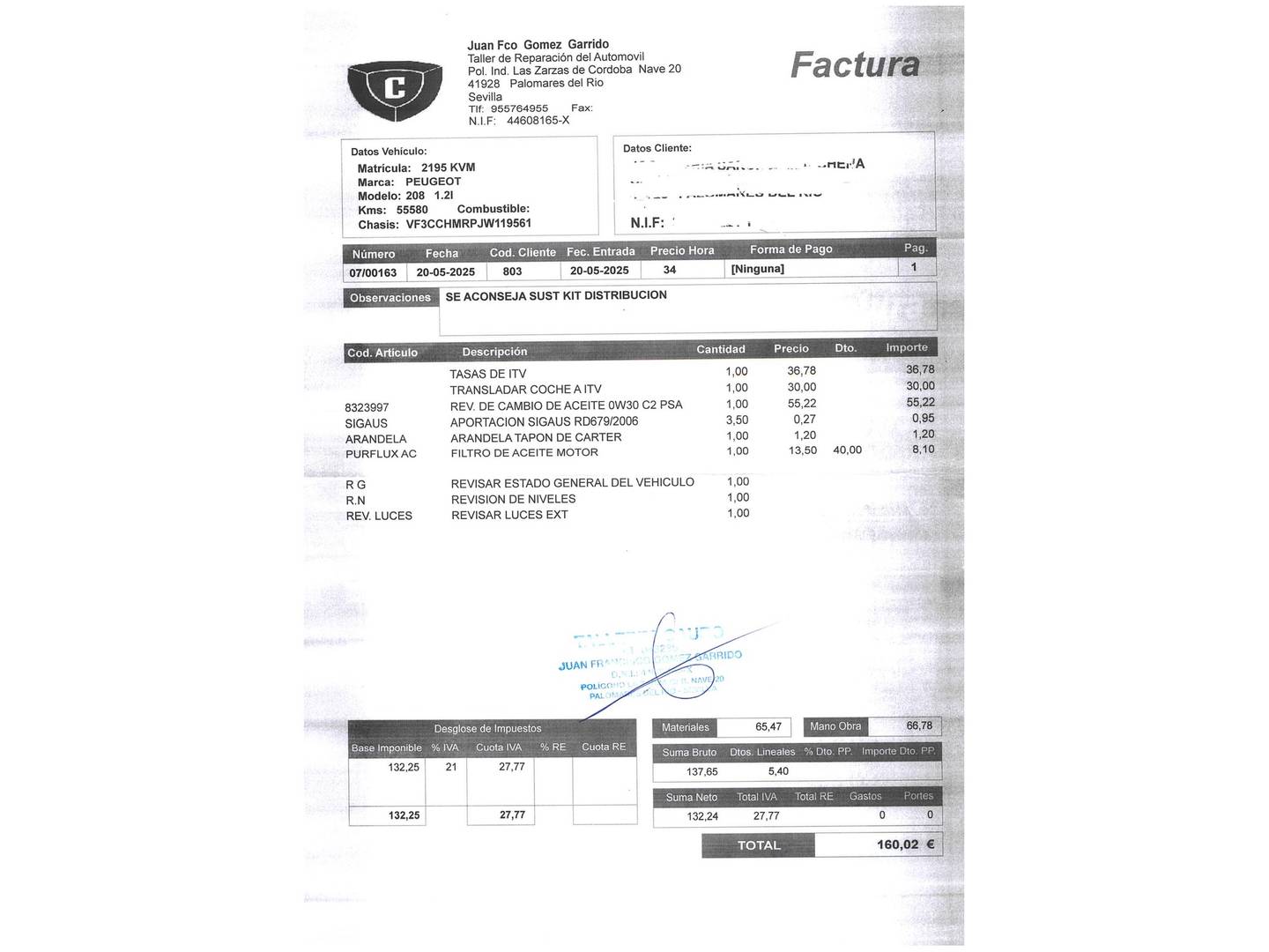 Foto del mantenimiento del Peugeot 208 Peugeot 208 PureTech Signature (82 CV)