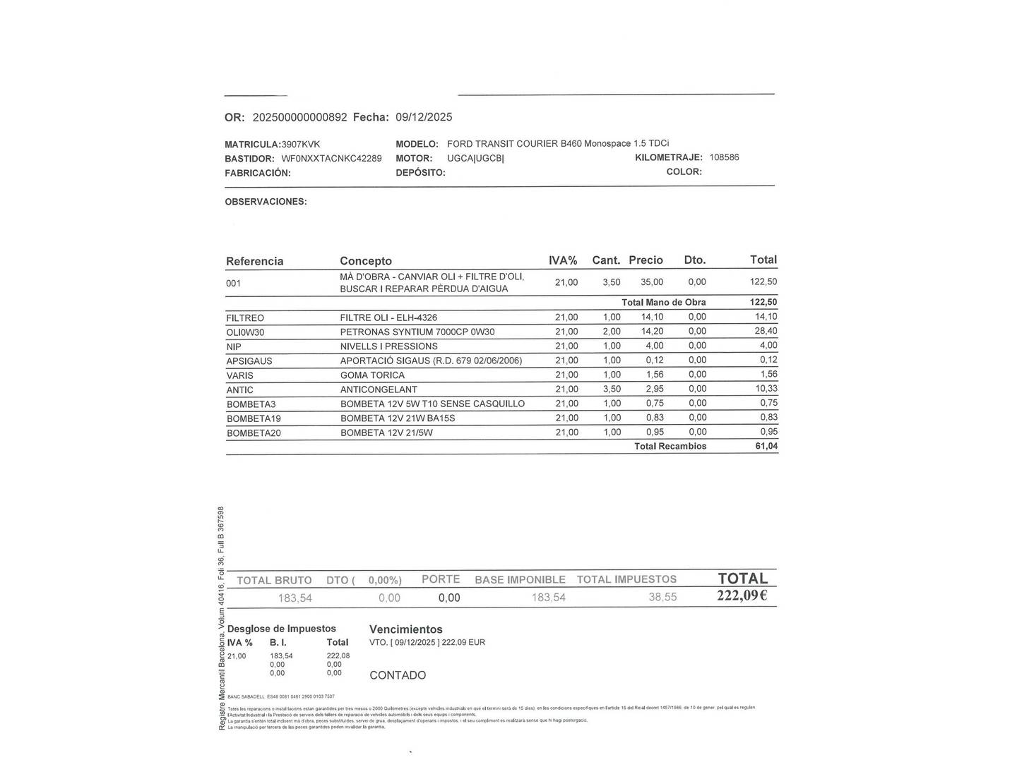 Foto del mantenimiento del Ford Transit Courier Ford Transit Courier Kombi 1.5 TDCi Trend (75 CV)
