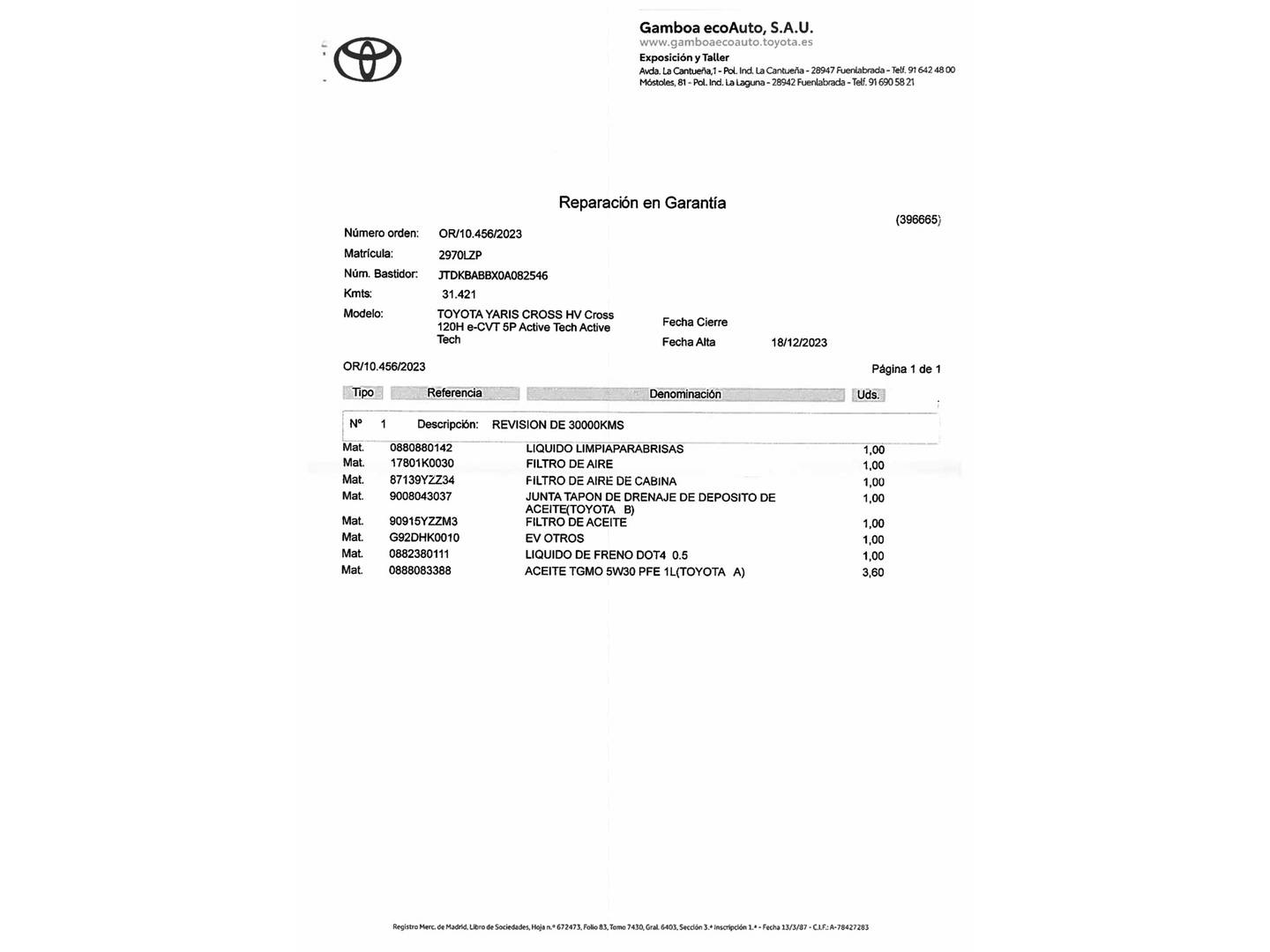 Foto del mantenimiento del Toyota Yaris Cross Toyota Yaris Cross 120H Active Tech (116 CV)