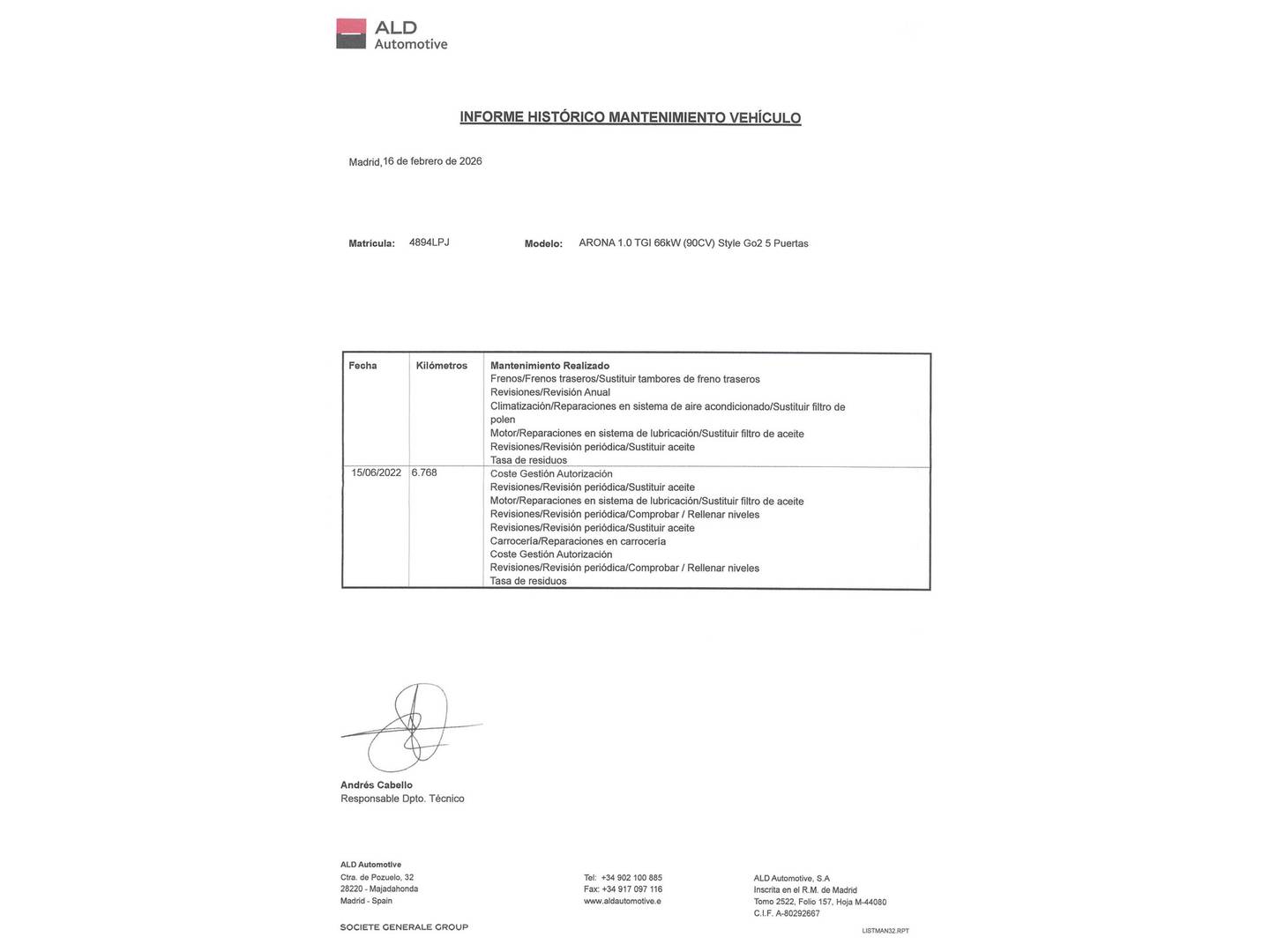 Foto del mantenimiento del Seat Arona SEAT Arona 1.0 TGI Style Go2 66 kW (90 CV)