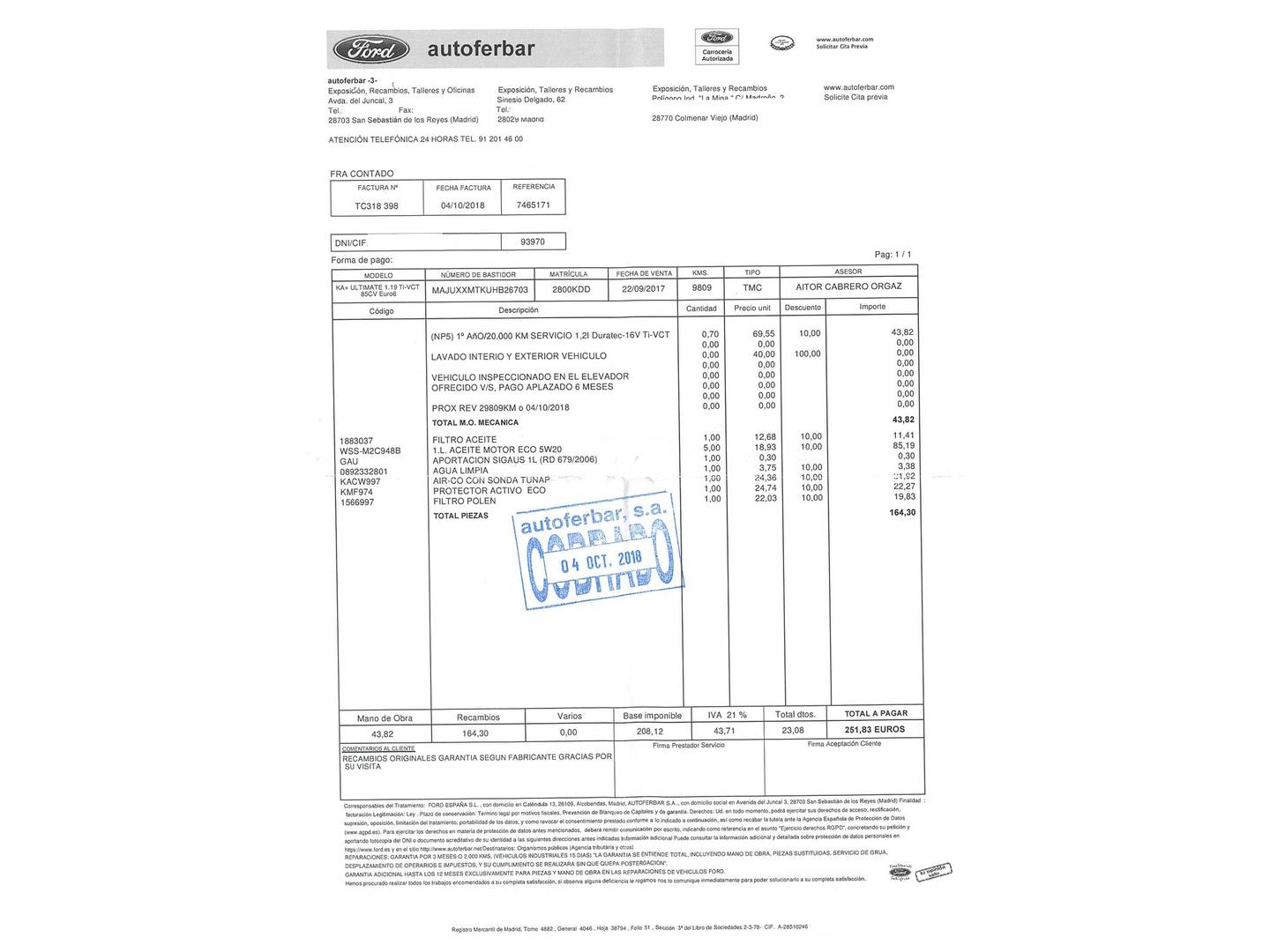 Foto del mantenimiento del Ford Ka+ Ford Ka+ 1.2 Ti-VCT Ultimate (85 CV)