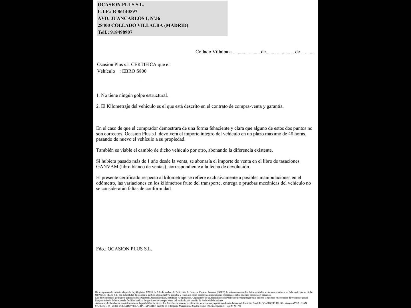 Foto del certificado del EBRO S800 EBRO S800 1.6 TGDI Premium DCT (147 CV) 7 plazas