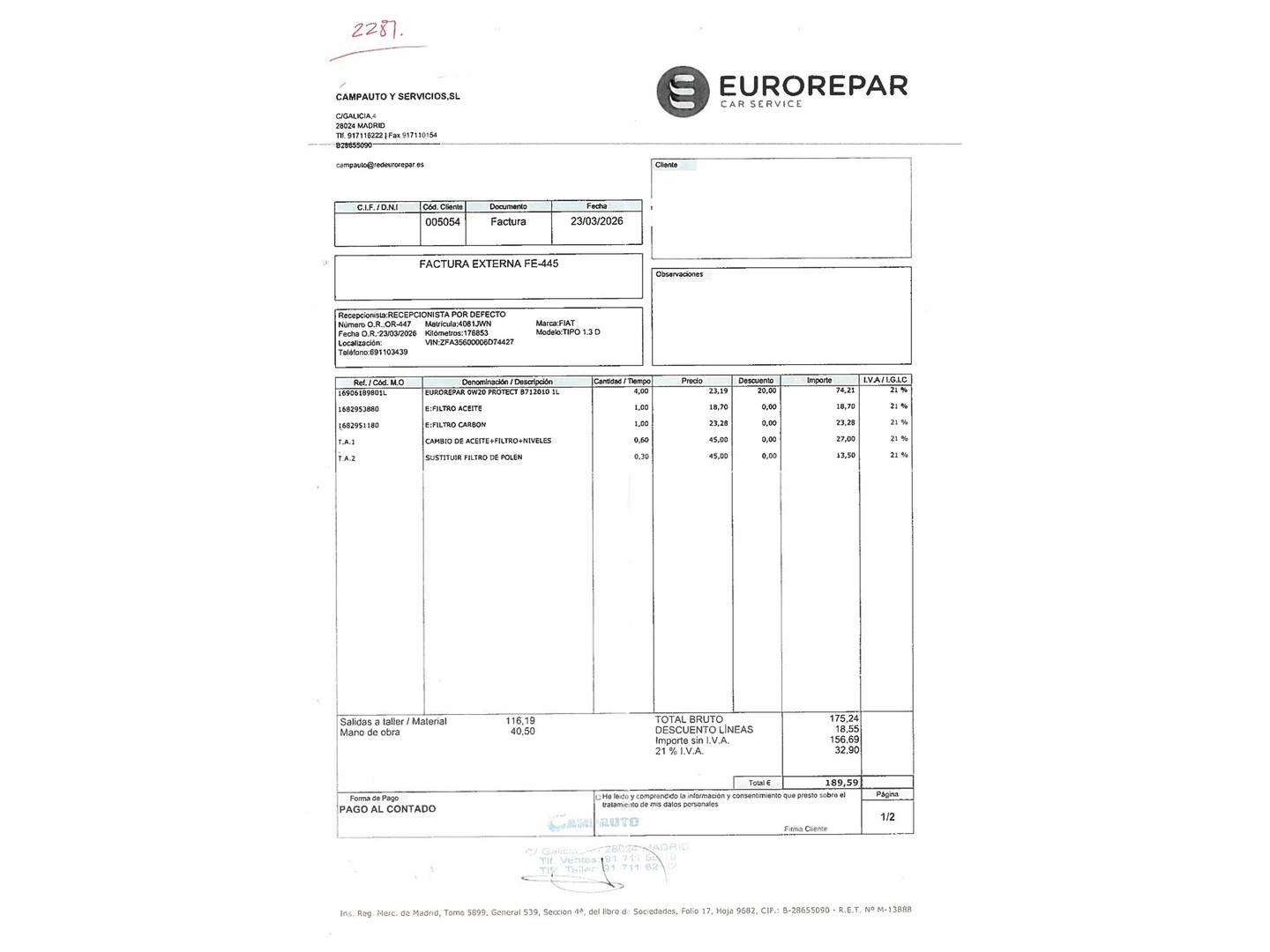 Foto del mantenimiento del Fiat Tipo Fiat Tipo 1.3 Multijet Easy (95 CV)