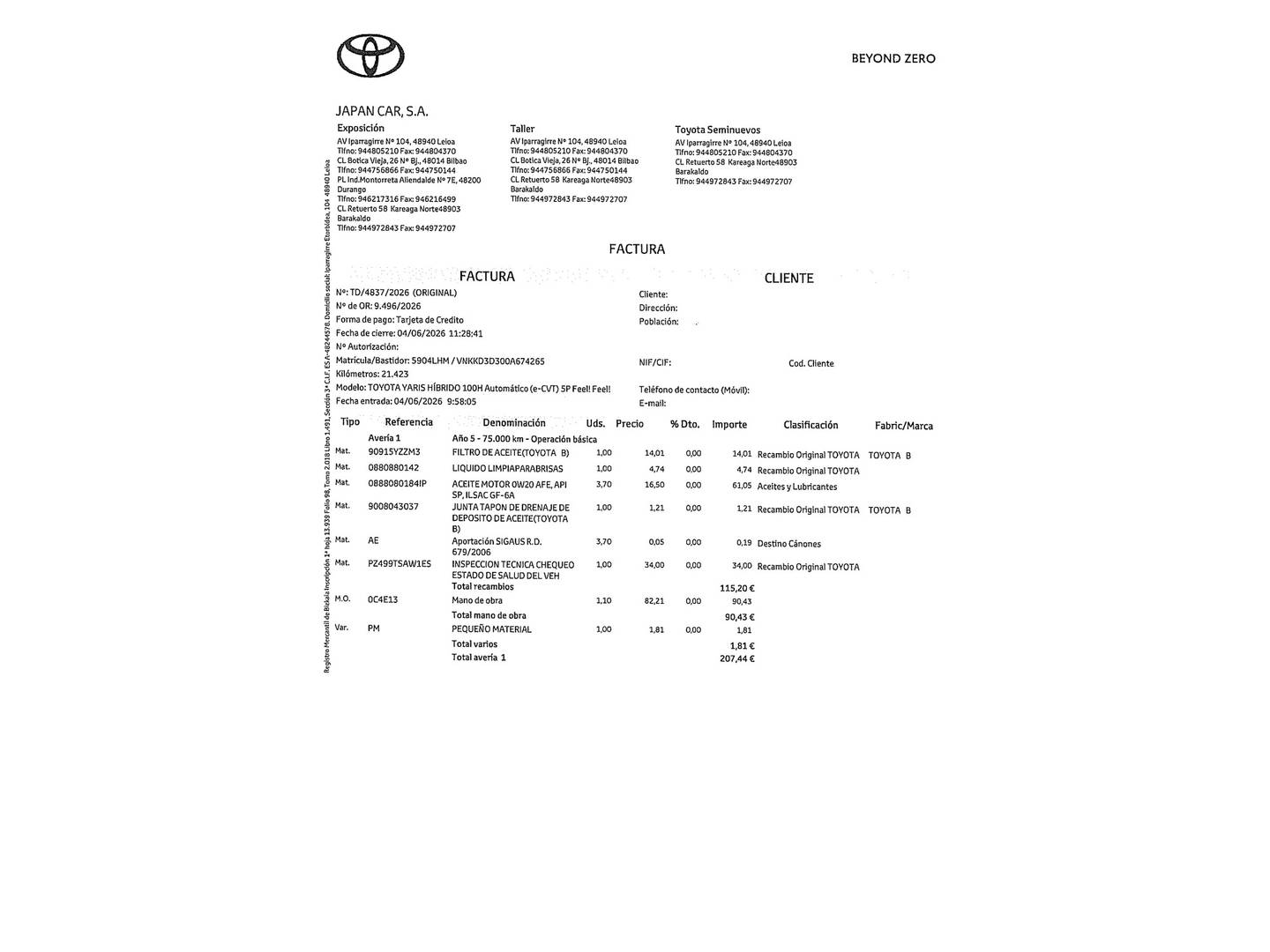 Foto del mantenimiento del Toyota Yaris Toyota Yaris 100H Feel (100 CV)