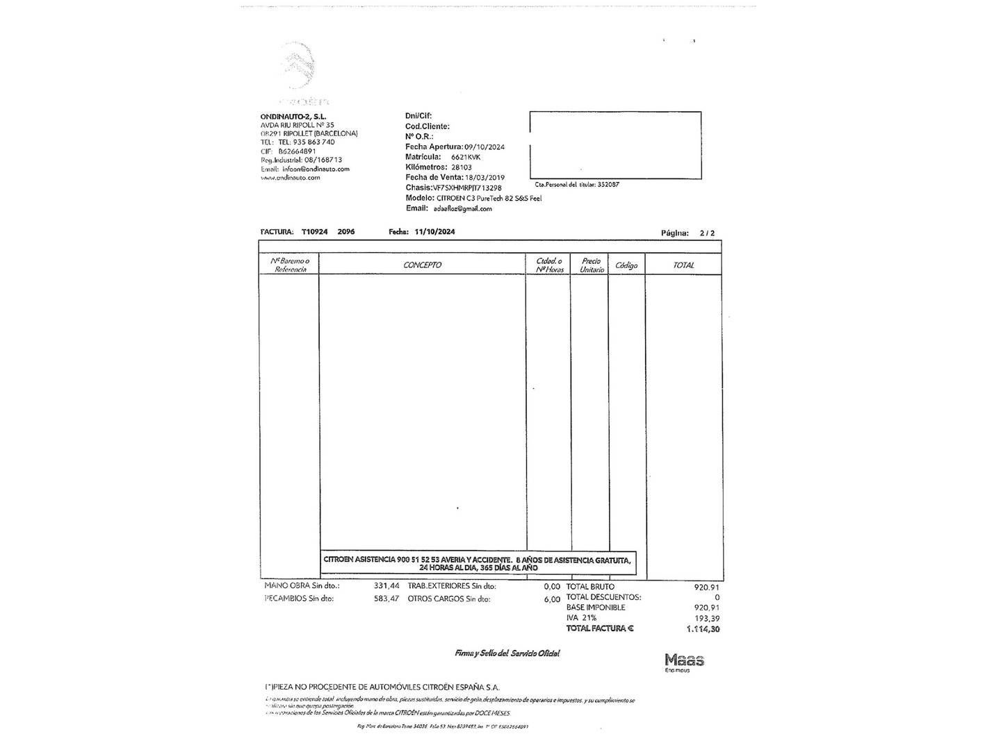 Foto del mantenimiento del Citroën C3 Citroën C3 PureTech 82 Feel (83 CV)