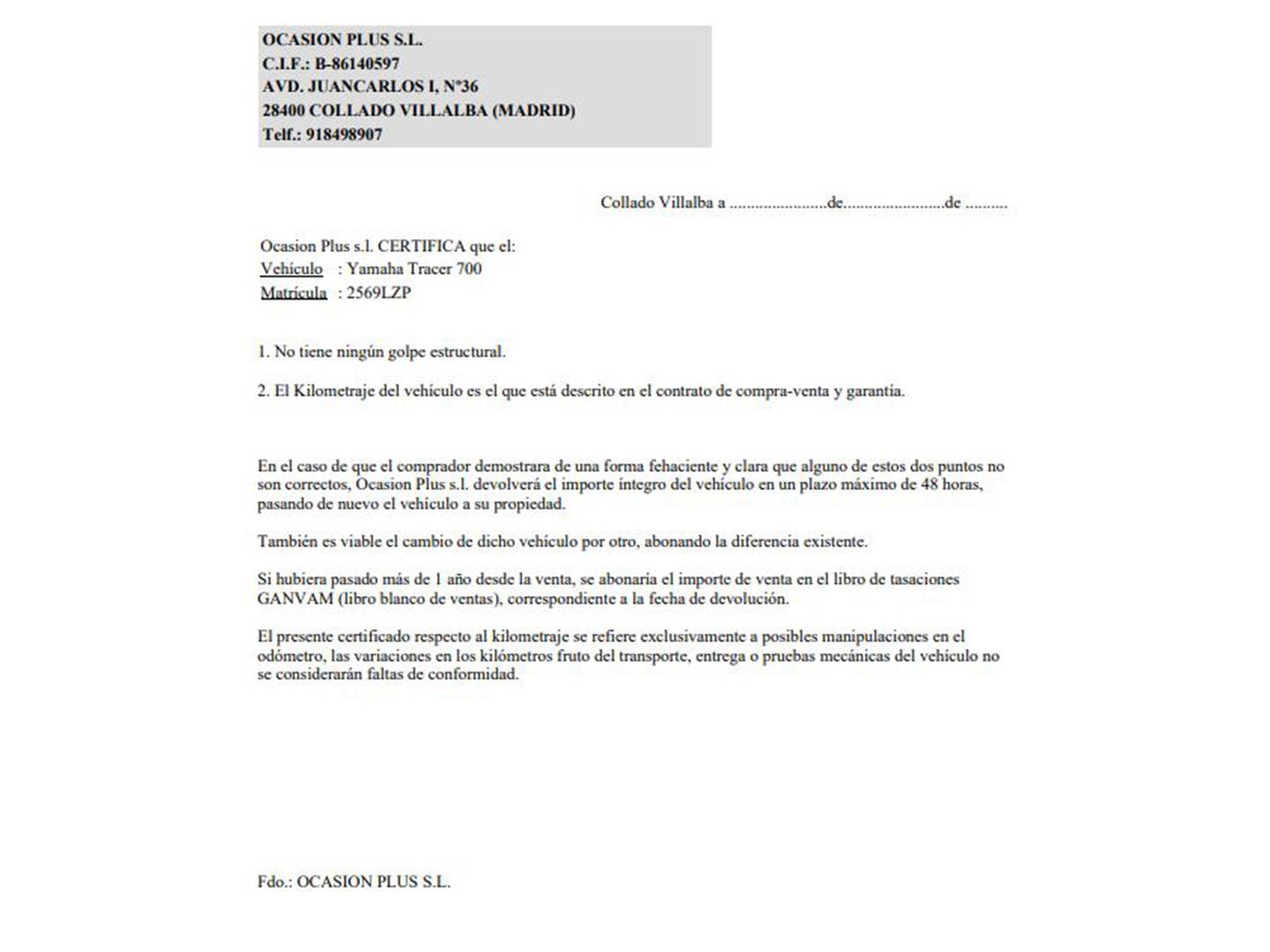 Foto del certificado del Yamaha Tracer 700 Yamaha Tracer 700 Tracer 700 tracer 7  (73 cv)