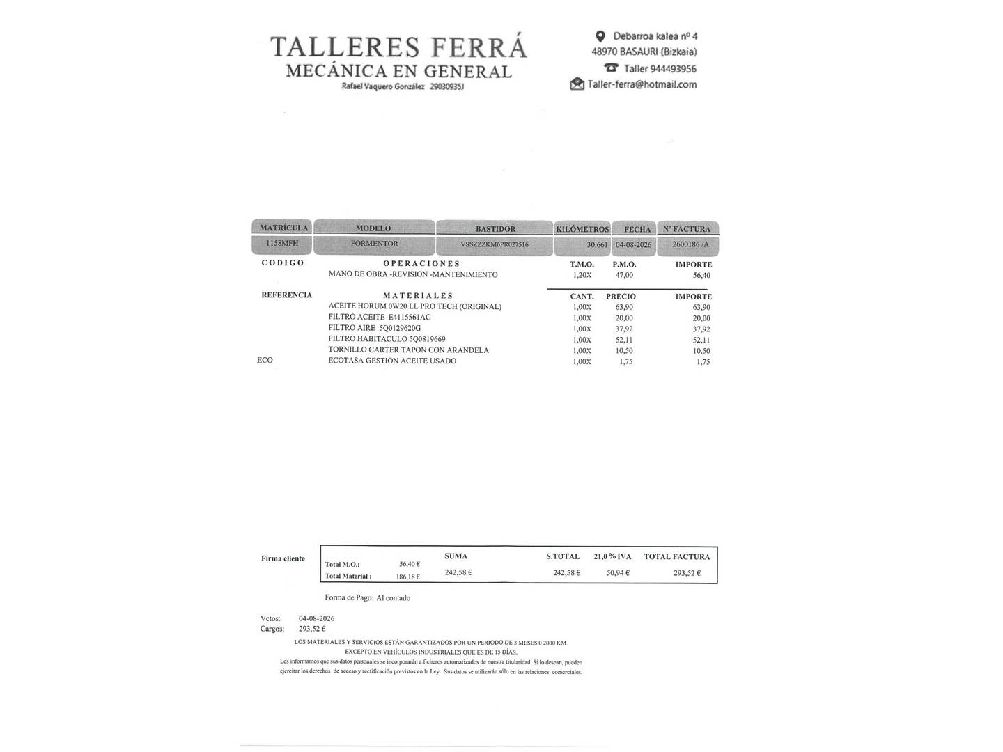 Foto del mantenimiento del Cupra Formentor Cupra Formentor 1.5 TSI DSG (150 CV)
