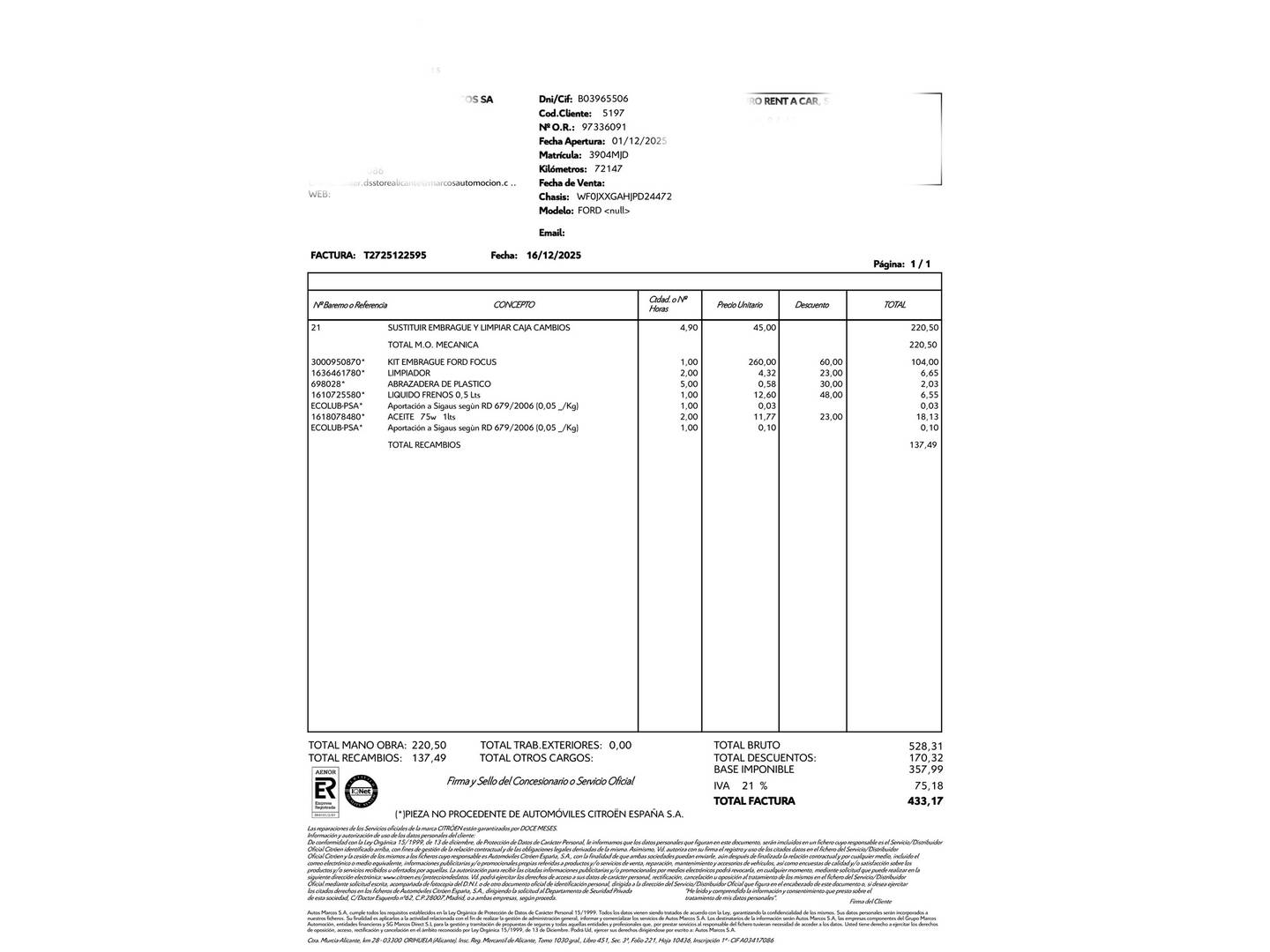 Foto del mantenimiento del Ford Fiesta Ford Fiesta 1.0 EcoBoost MHEV ST-Line (125 CV)