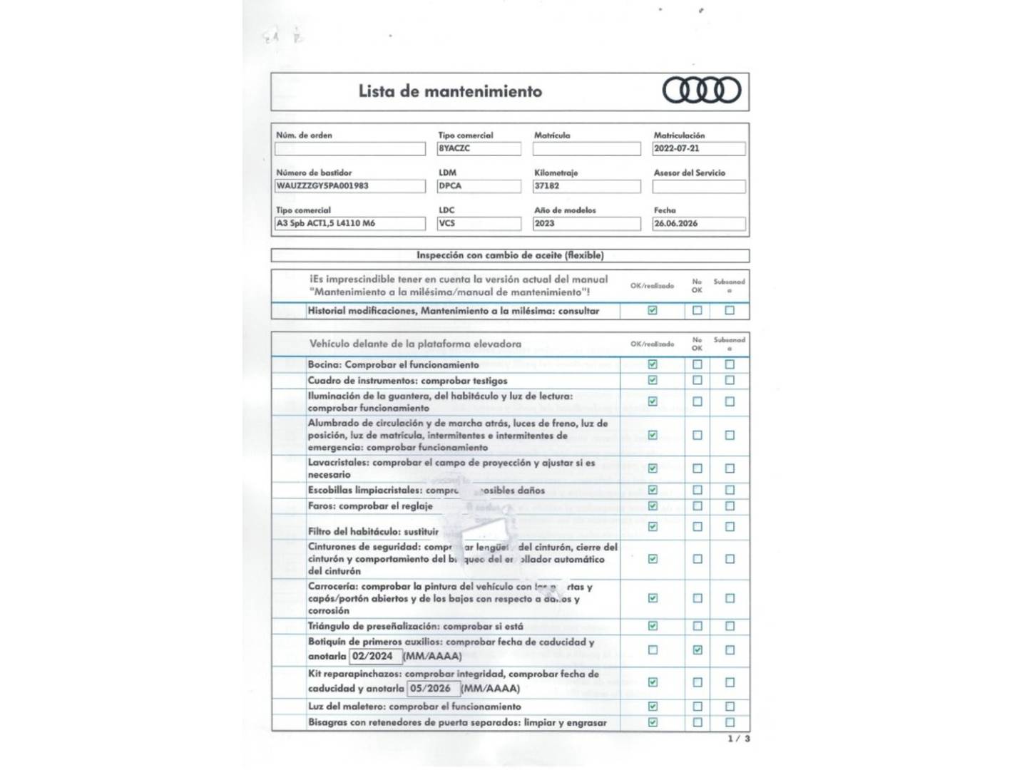 Foto del mantenimiento del Audi A3 Audi A3 Sportback S line 35 TFSI (150 CV)