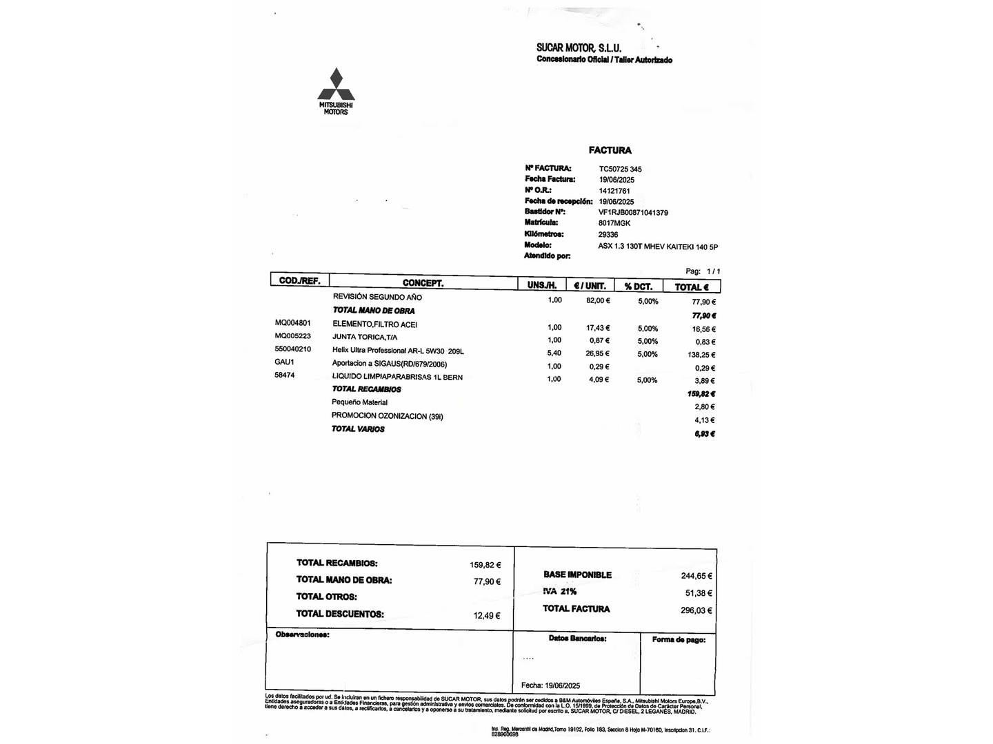 Foto del mantenimiento del Mitsubishi ASX Mitsubishi ASX 130T MHEV Kaiteki  (140 CV)