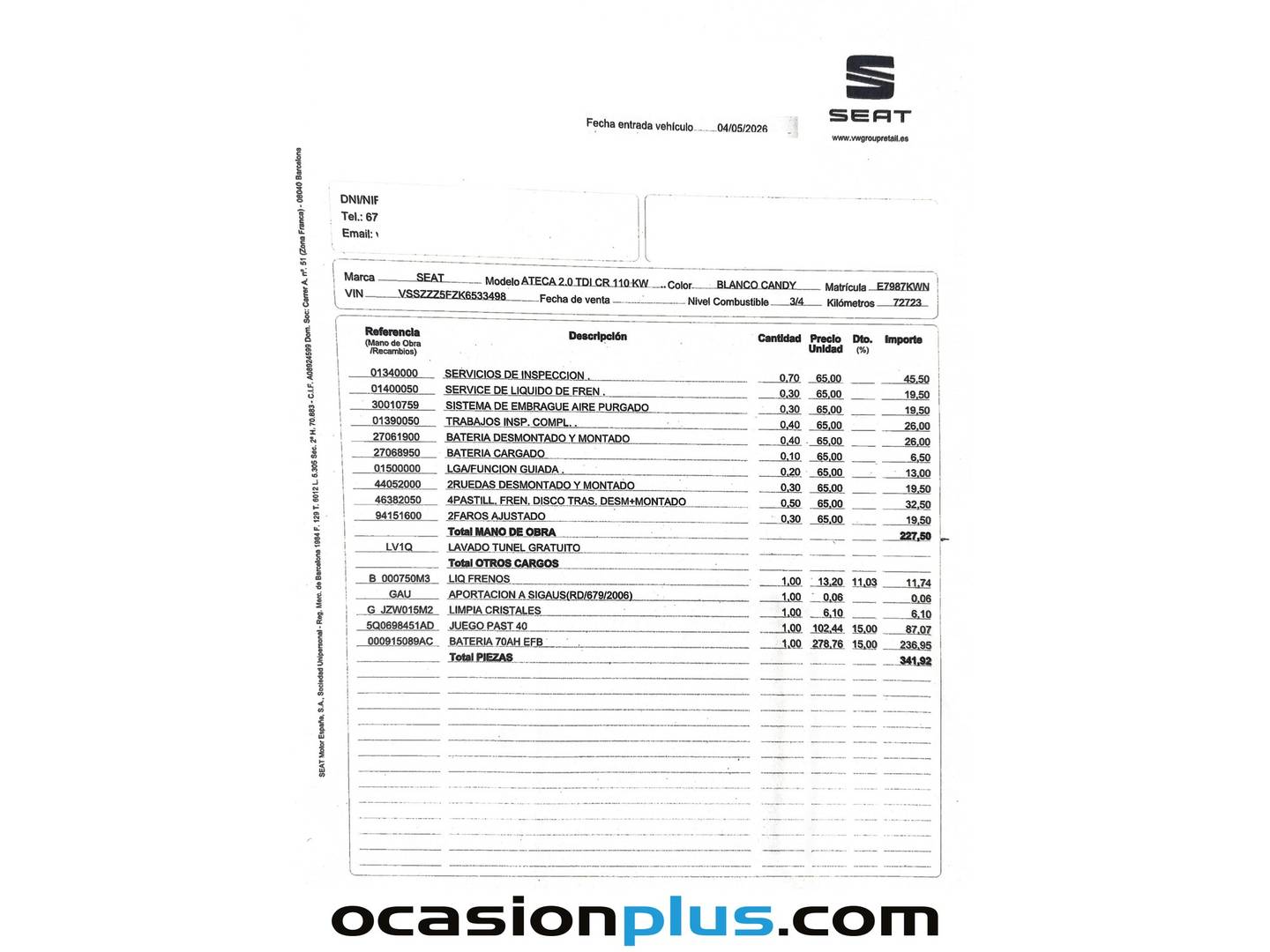 Foto del mantenimiento del Seat Ateca Seat Ateca 2.0 TDI S&S Xcellence (150 CV)