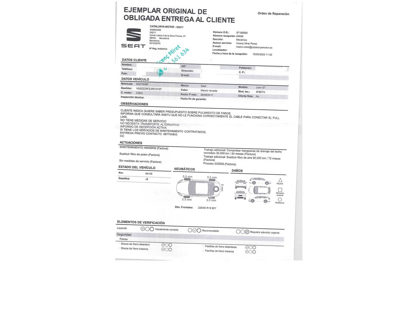 Foto del mantenimiento del Seat León Seat León ST 1.4 TSI ACT S&S FR Plus (150 CV)