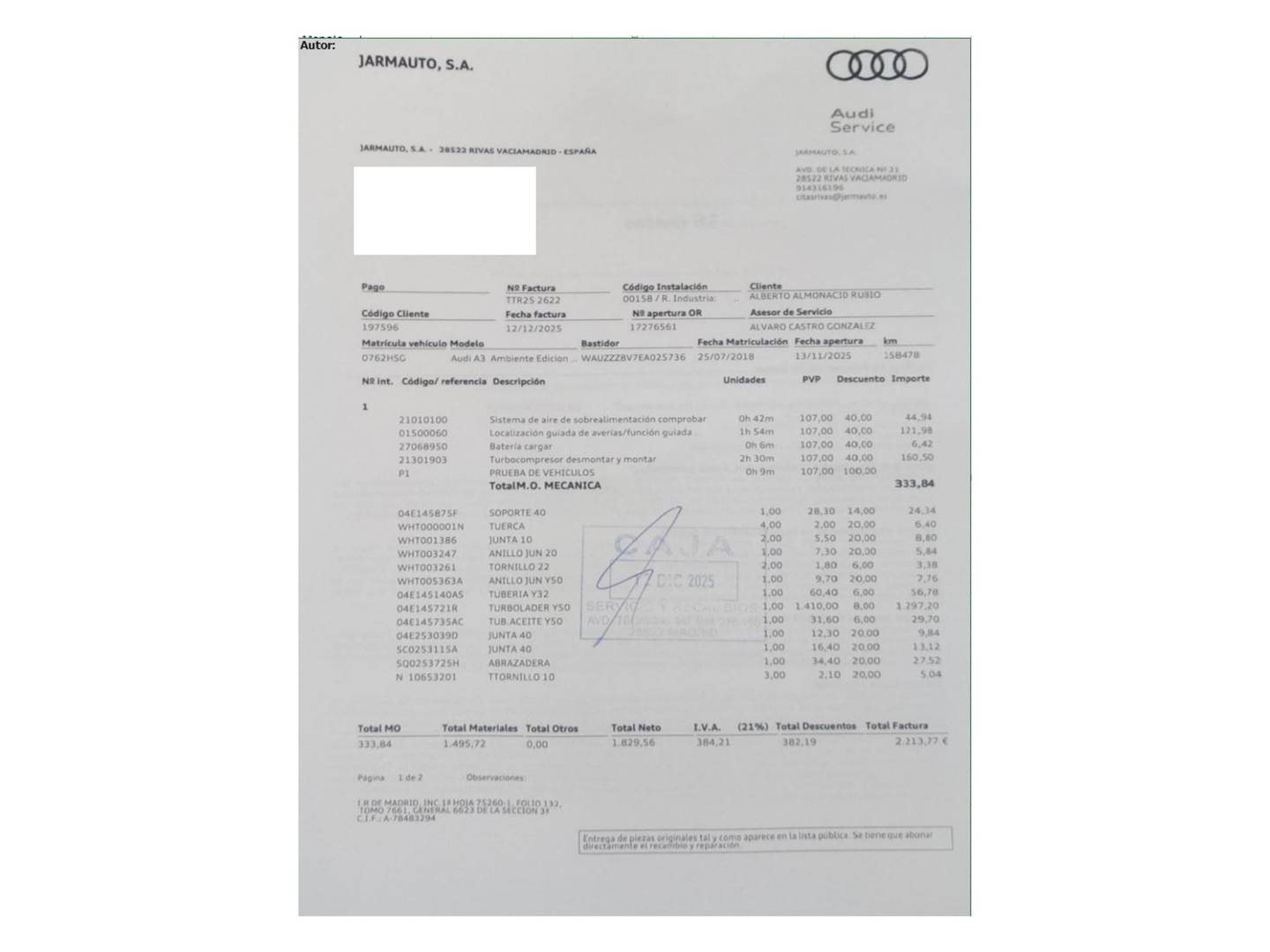 Foto del mantenimiento del Audi A3 Audi A3 TFSI Ambiente (122 CV)