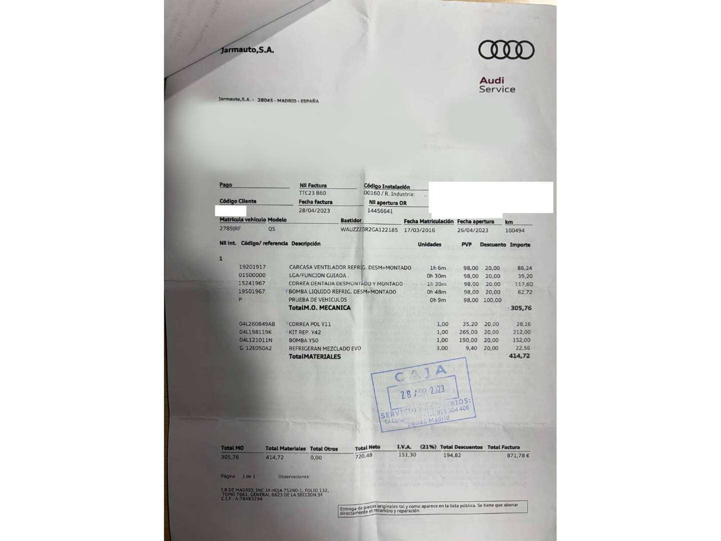 Foto del mantenimiento del Audi Q5 Audi Q5 Advanced edition 2.0 TDI clean diesel quattro (190 CV) S tronic