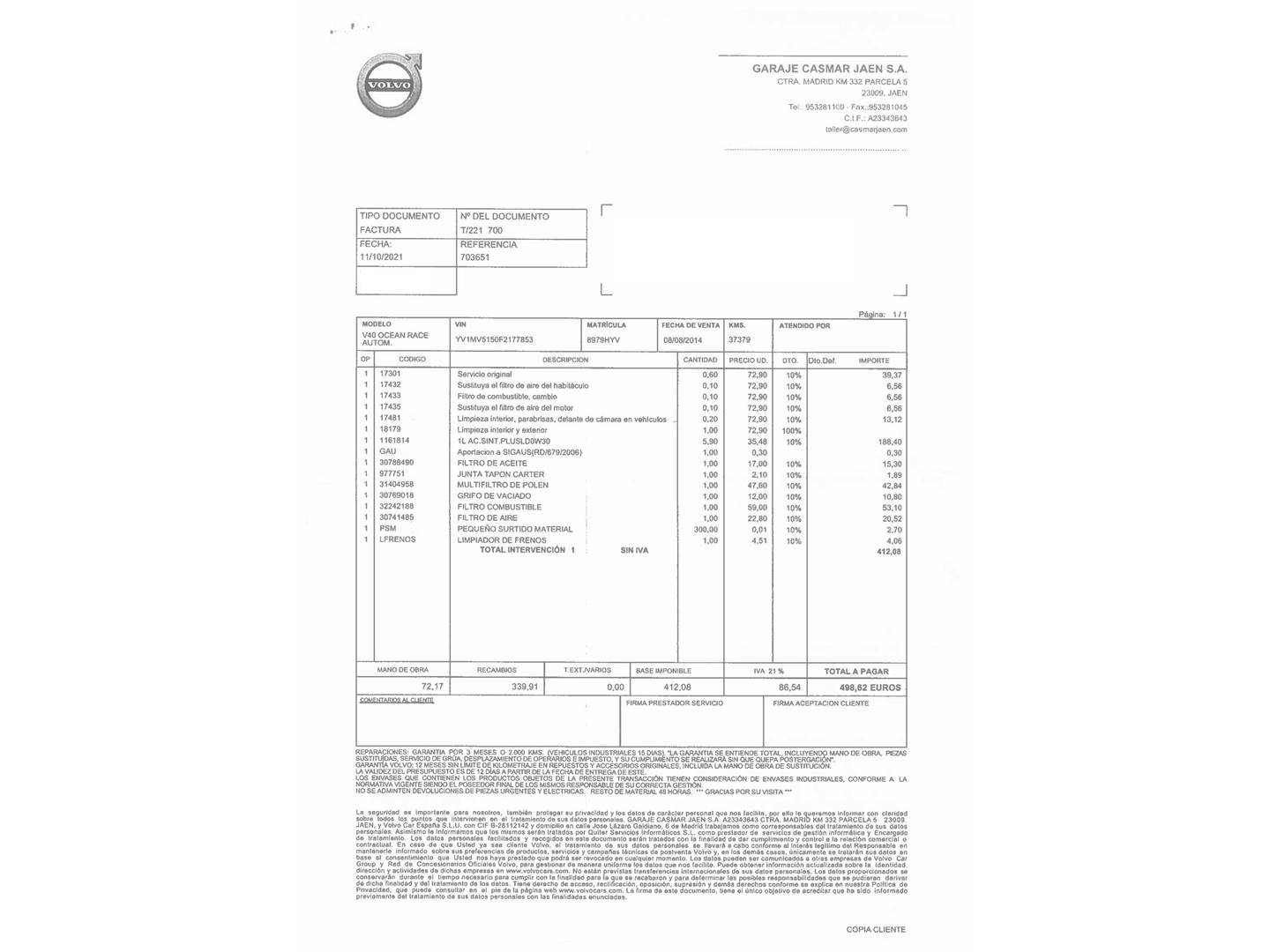 Foto del mantenimiento del Volvo V40 Volvo V40 D3 Momentum Auto (150 CV) Edicion Ocean Race