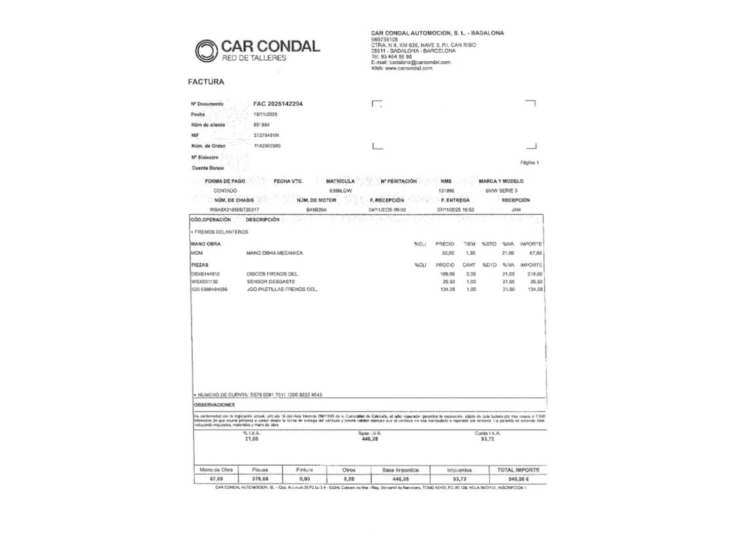 Foto del mantenimiento del BMW Serie 3 BMW Serie 3 320i Gran Turismo (184 CV)