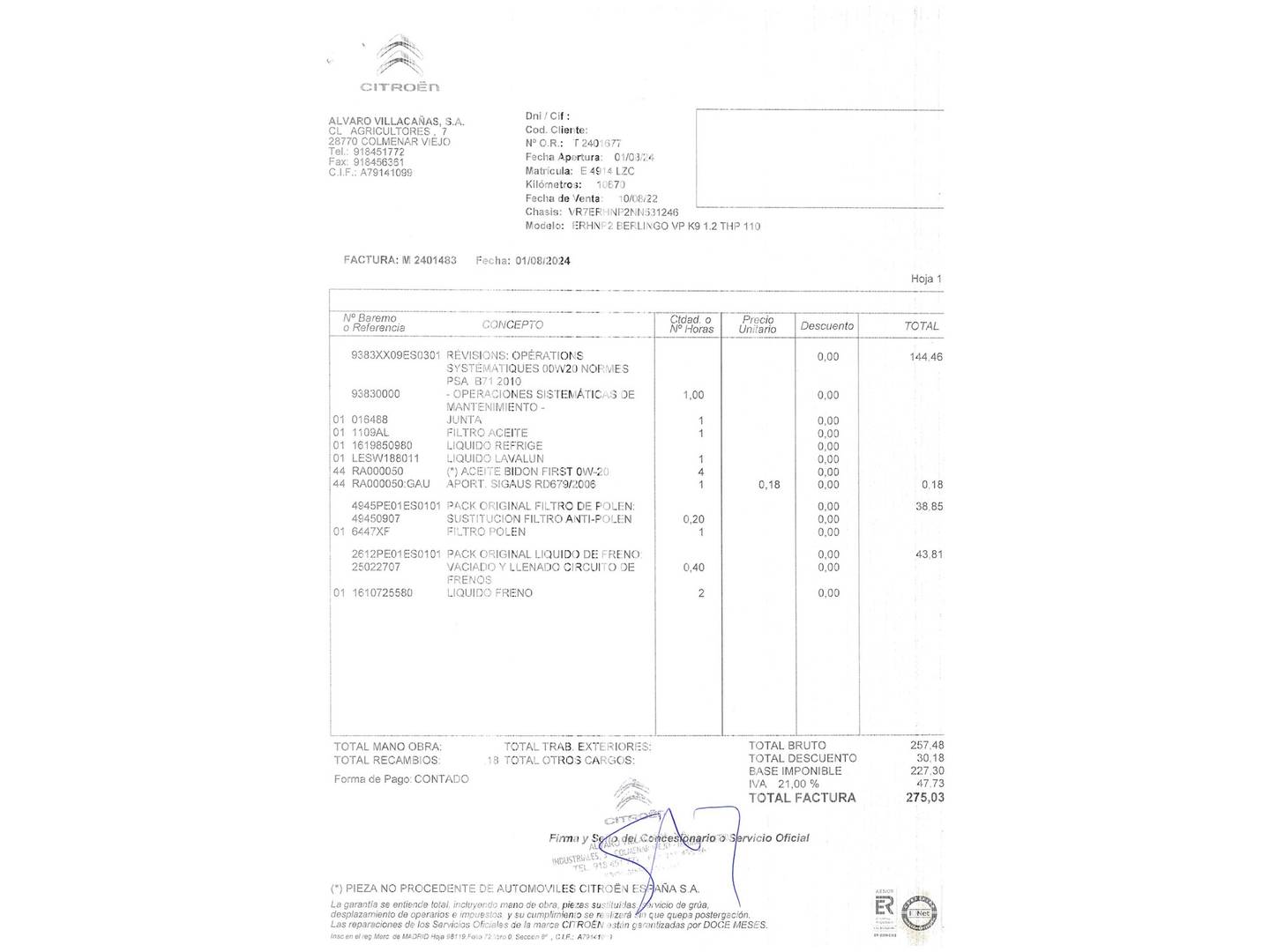Foto del mantenimiento del Citroën Berlingo Citroën Berlingo PureTech 110 S&S Talla M Feel (110 CV)